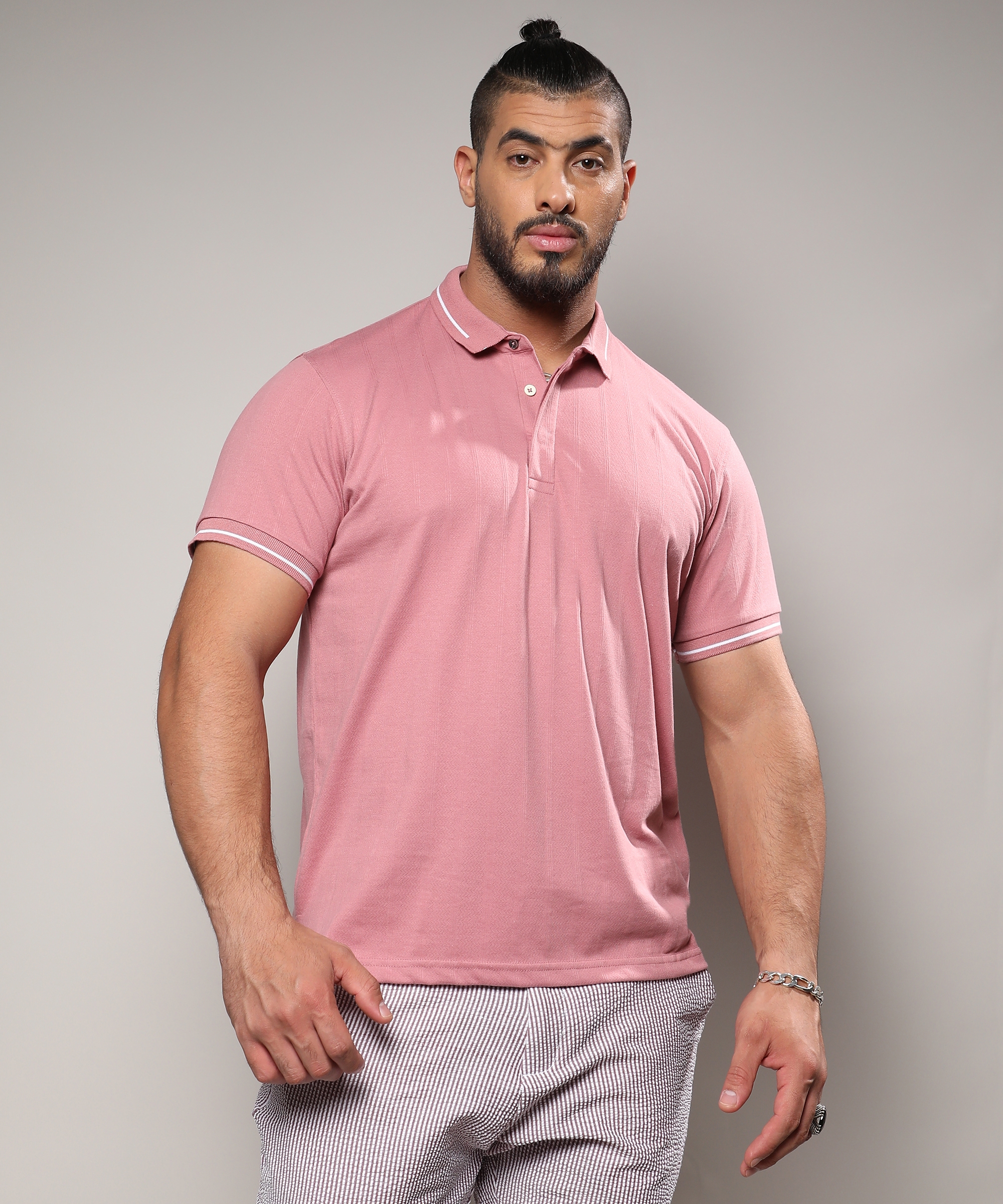 Men's Coral Pink Self-Design Halo Striped T-Shirt
