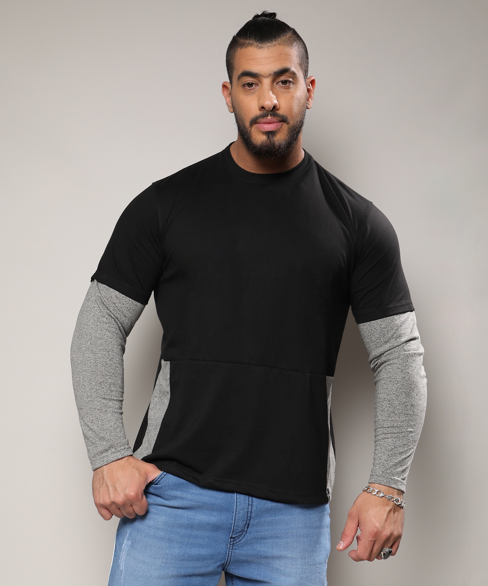 Instafab Plus | Men's Carbon Black & Moon Grey Contrast Skater T-Shirt