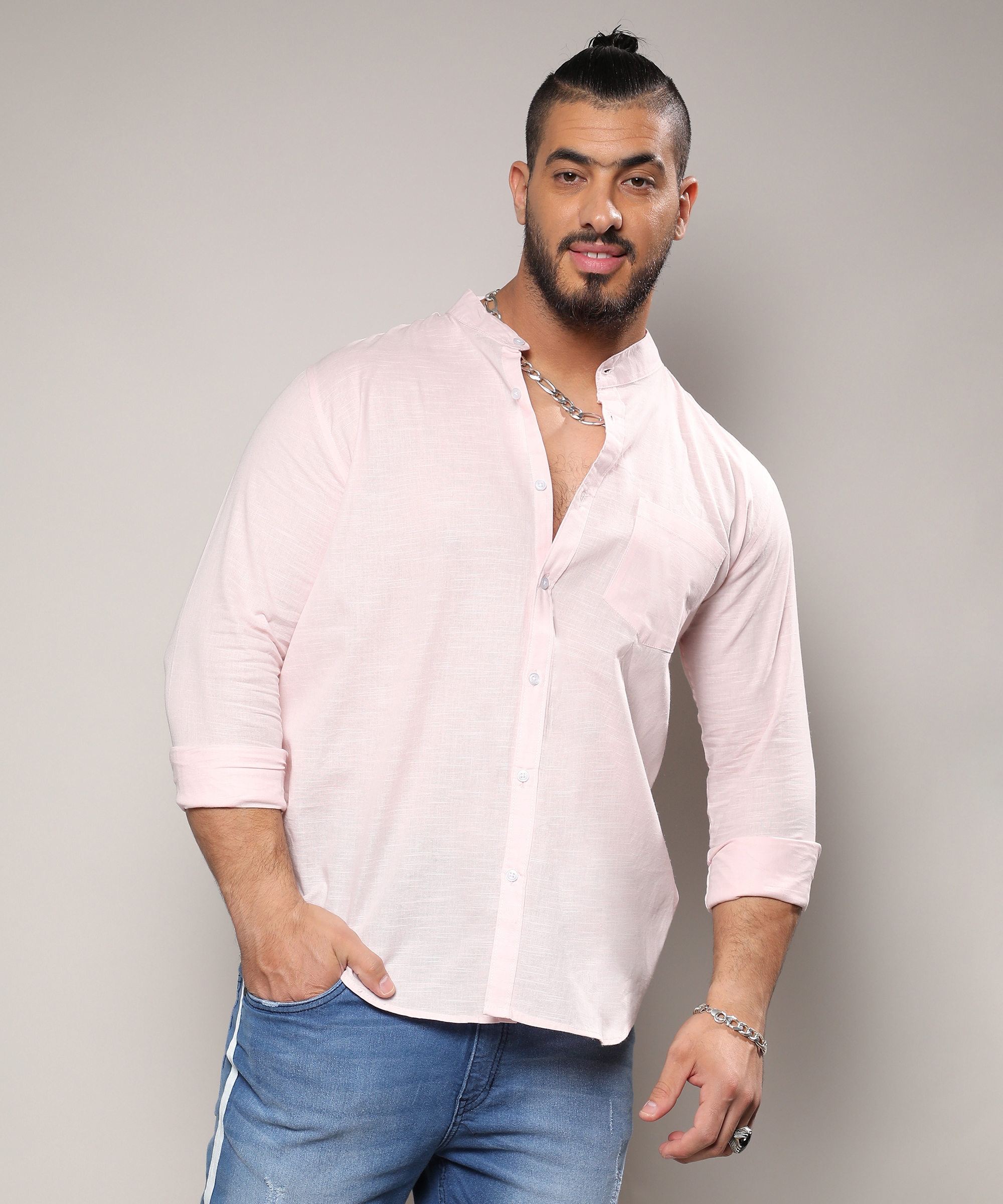 Instafab Plus | Men's Baby Pink Basic Button-Up Shirt