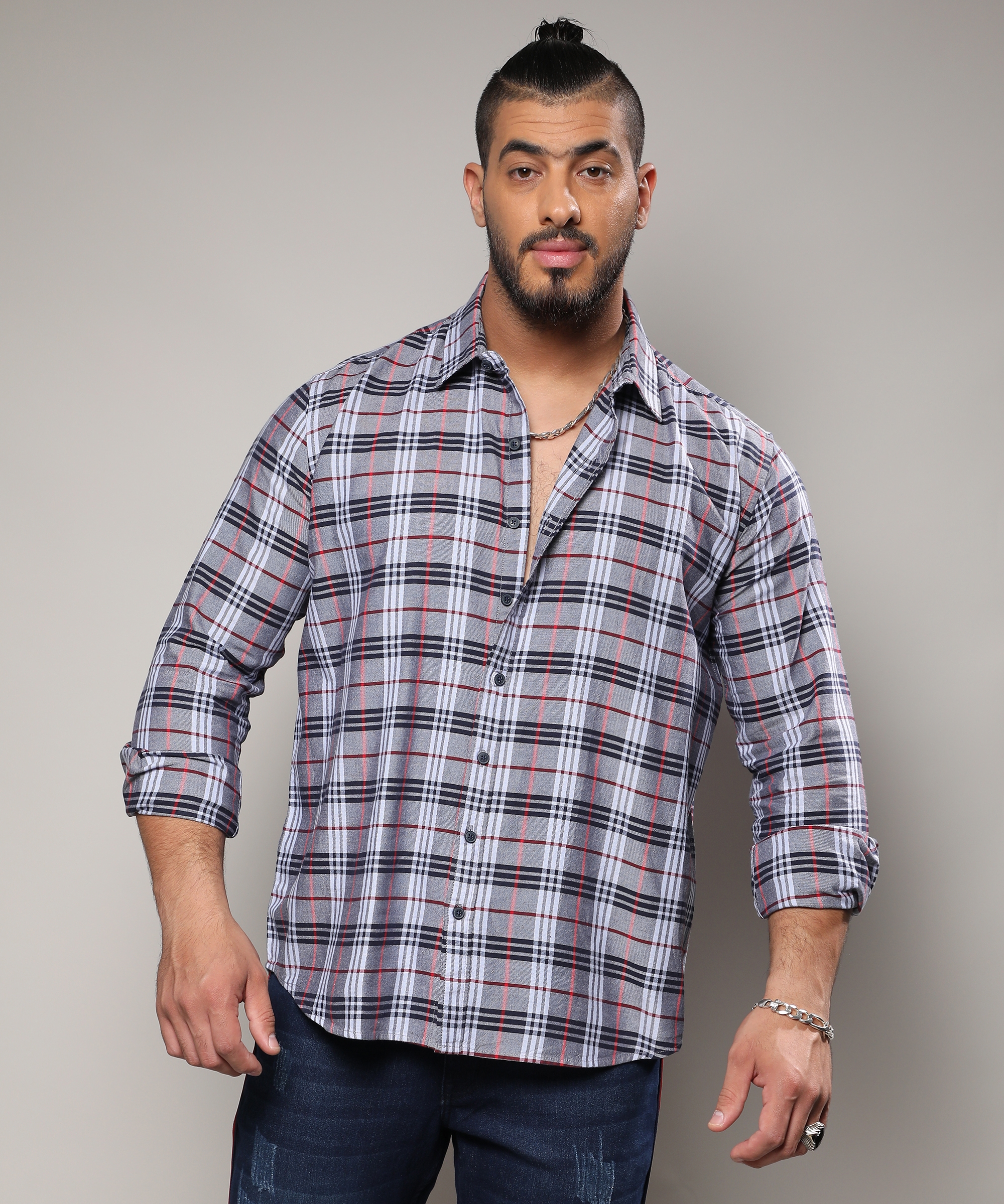 Instafab Plus | Men's Dark Grey Tartan Plaid Shirt