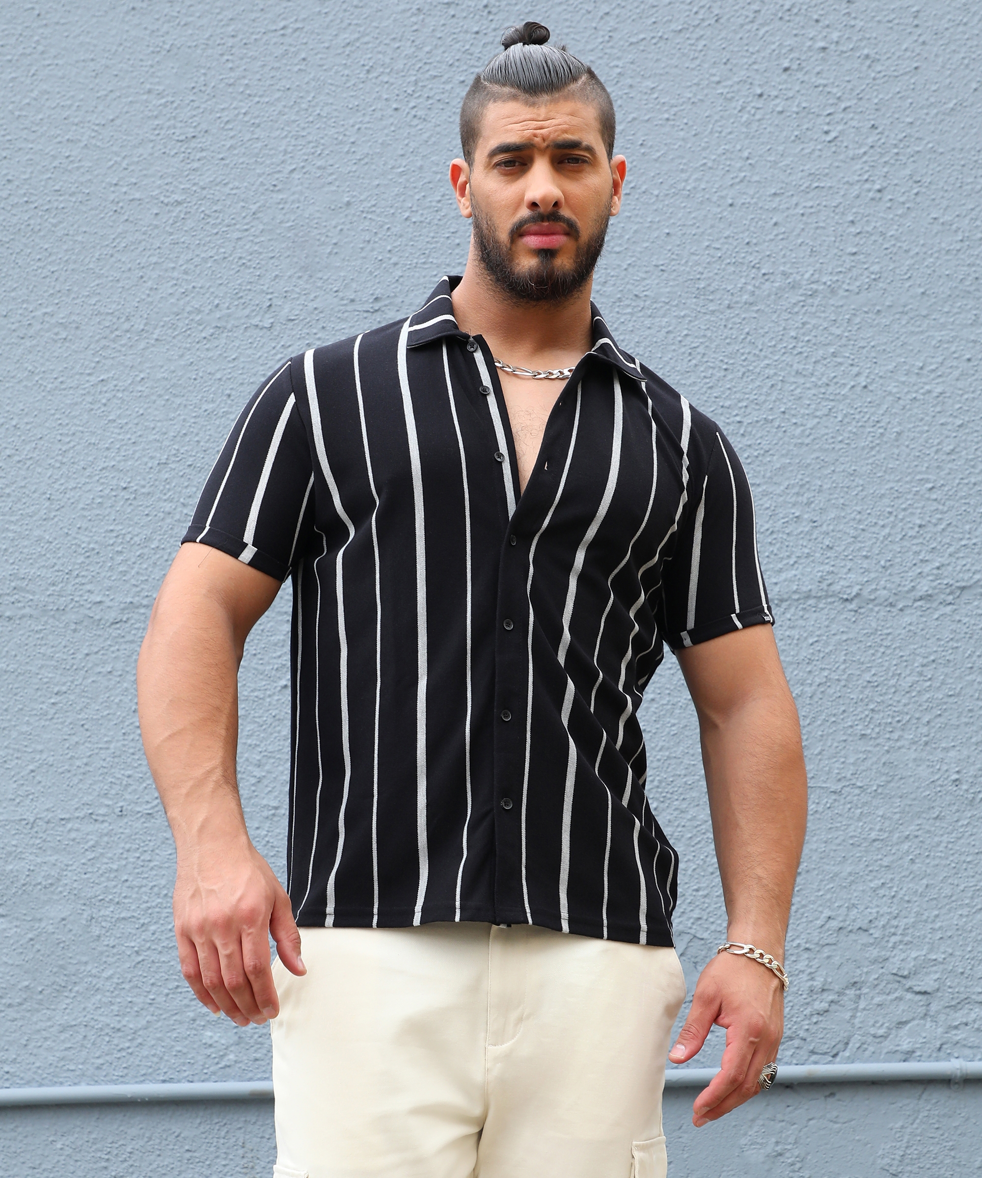 Instafab Plus | Men's Black & White Pencil Striped Shirt