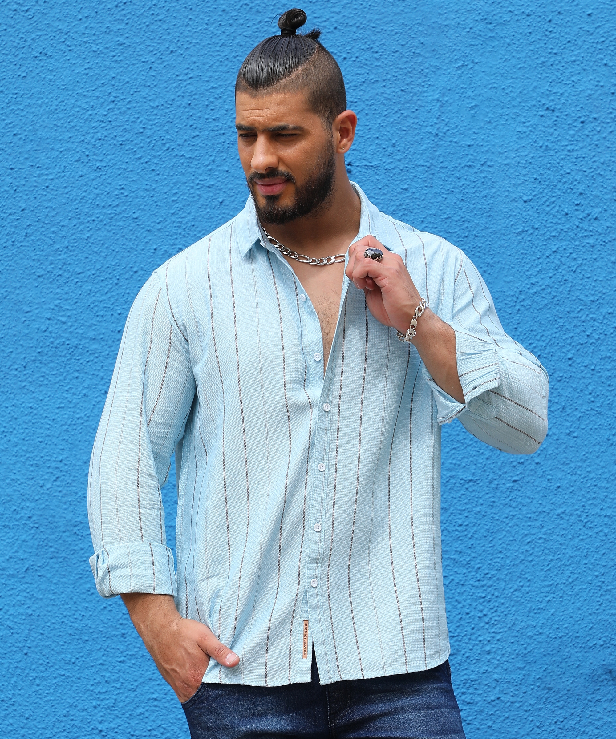 Instafab Plus | Men's Light Blue Contrast Pinstriped Shirt