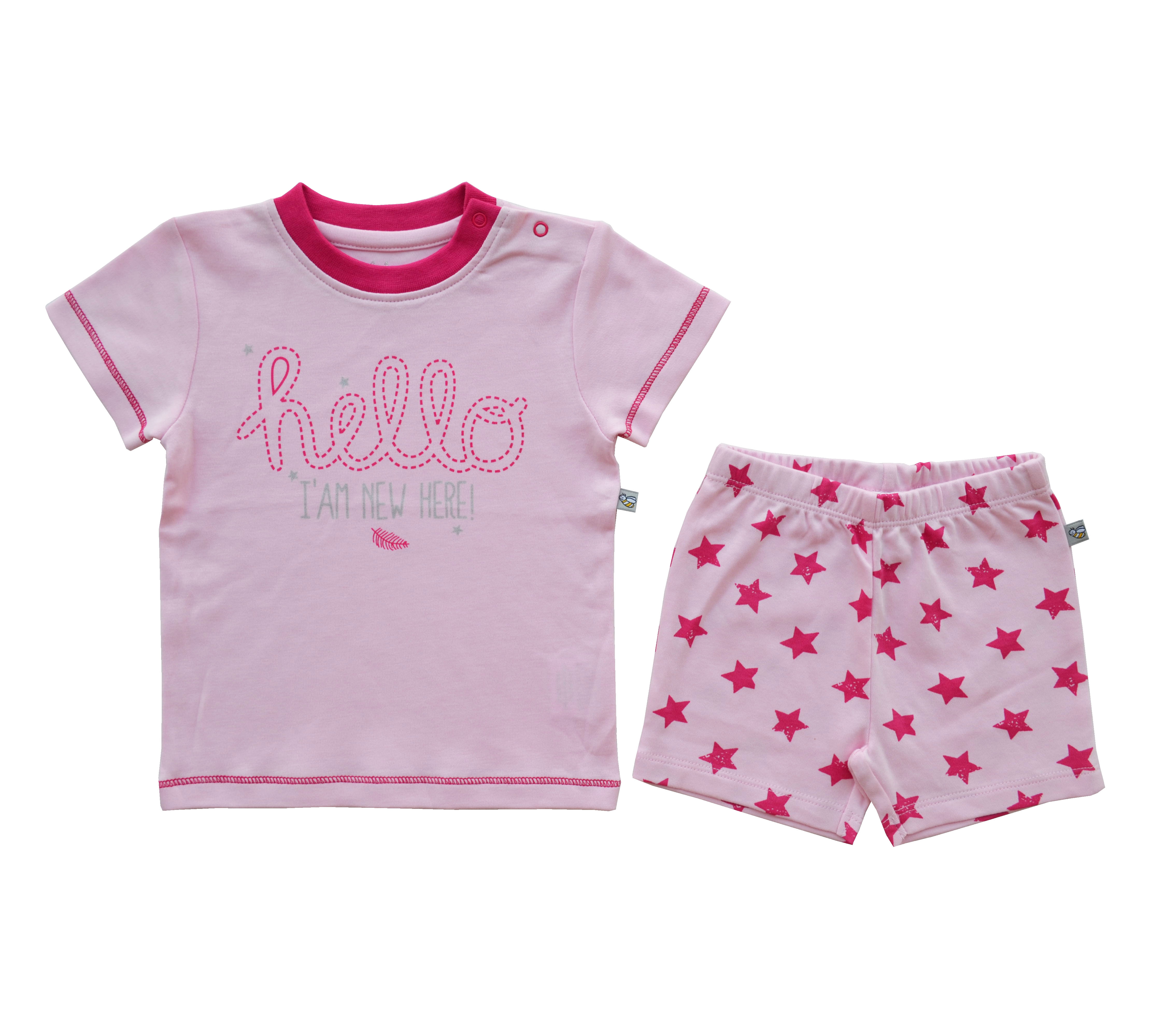 Babeez | Pink Hello Print T-Shirt + Allover Star Print Shorty Set (100% Cotton Interlock Biowash) undefined