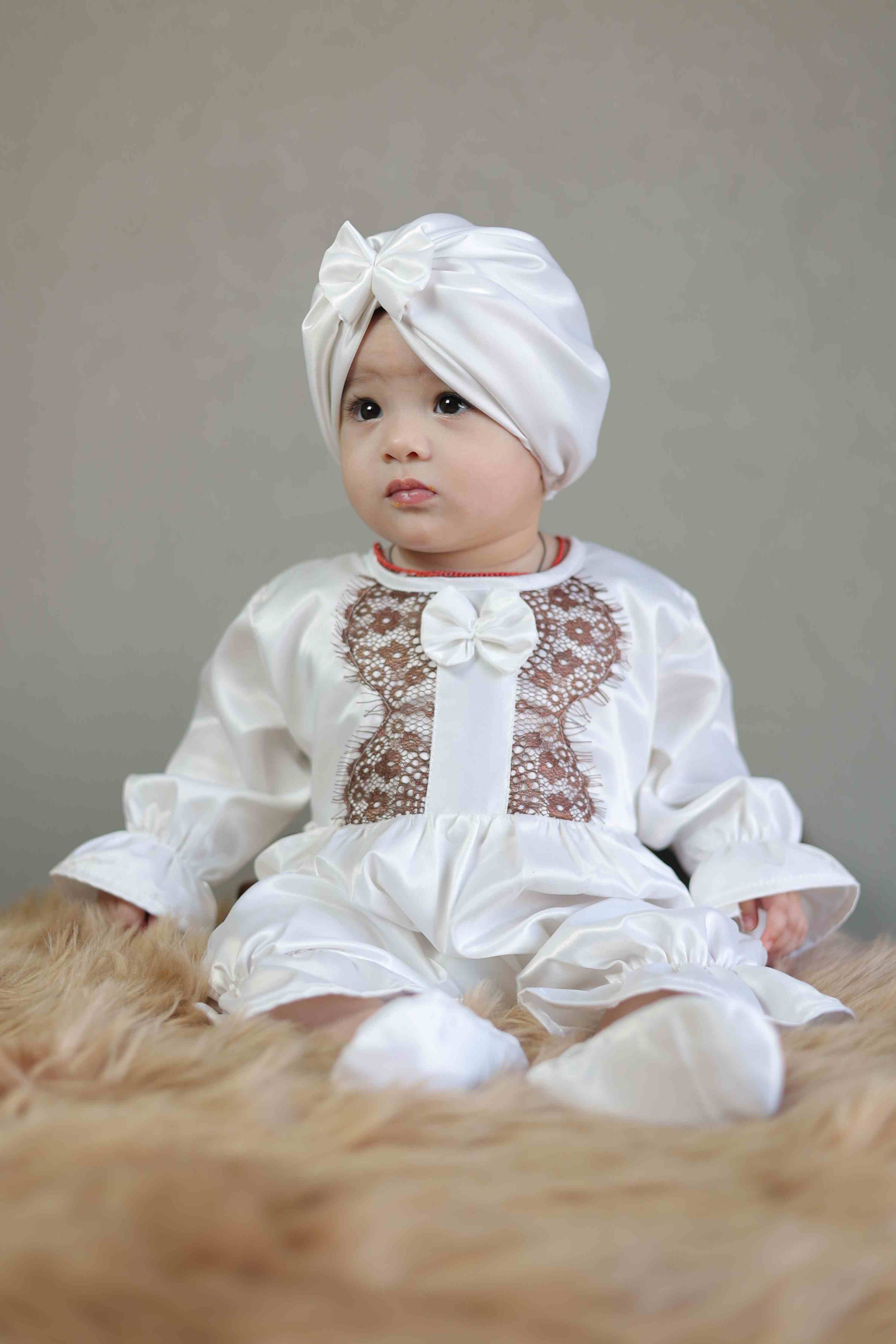 White Dove Satin Romper and Turban Set