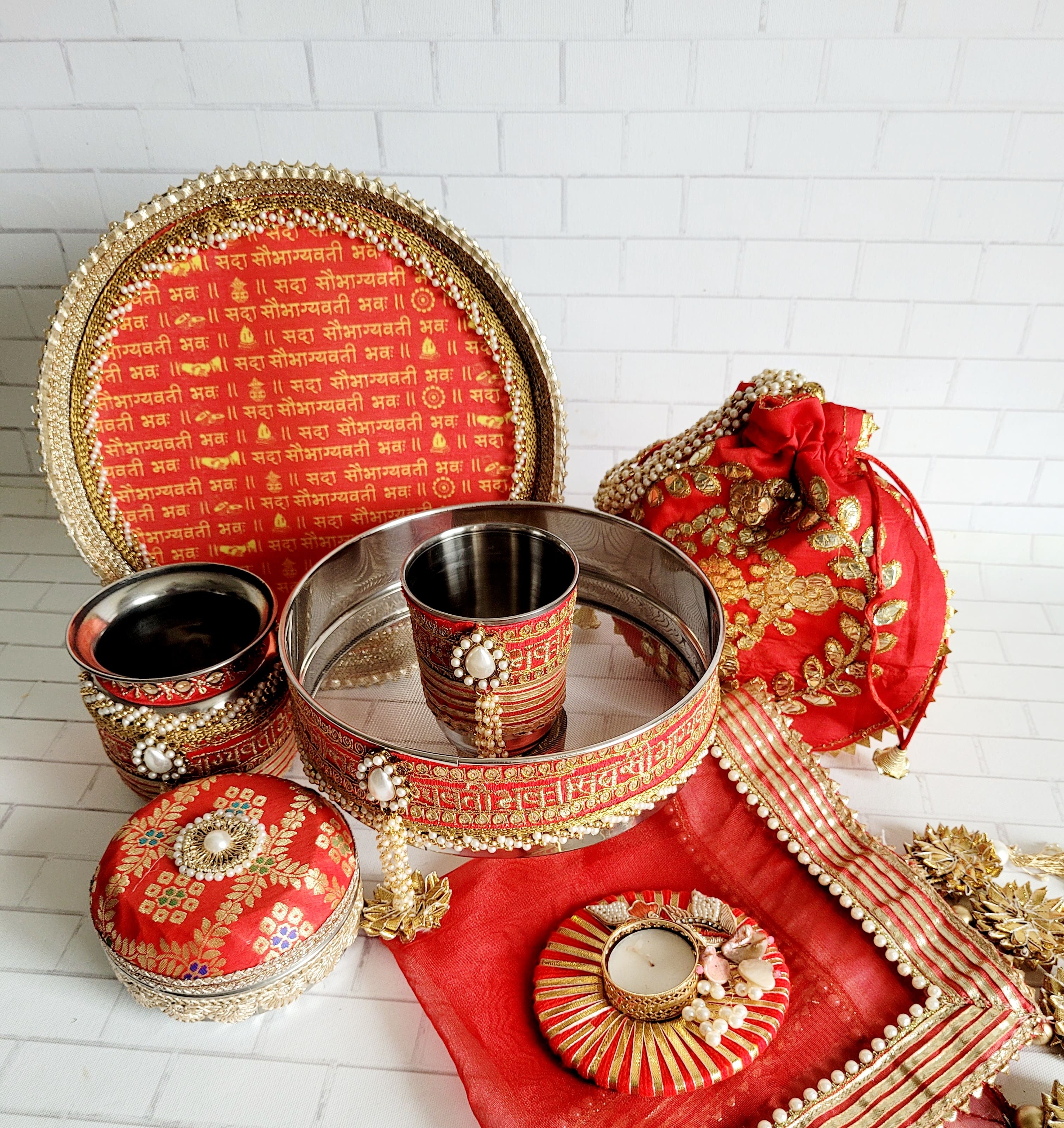 Floral art | Red & Gold Shlok Printed Karva Chauth Thali Set undefined