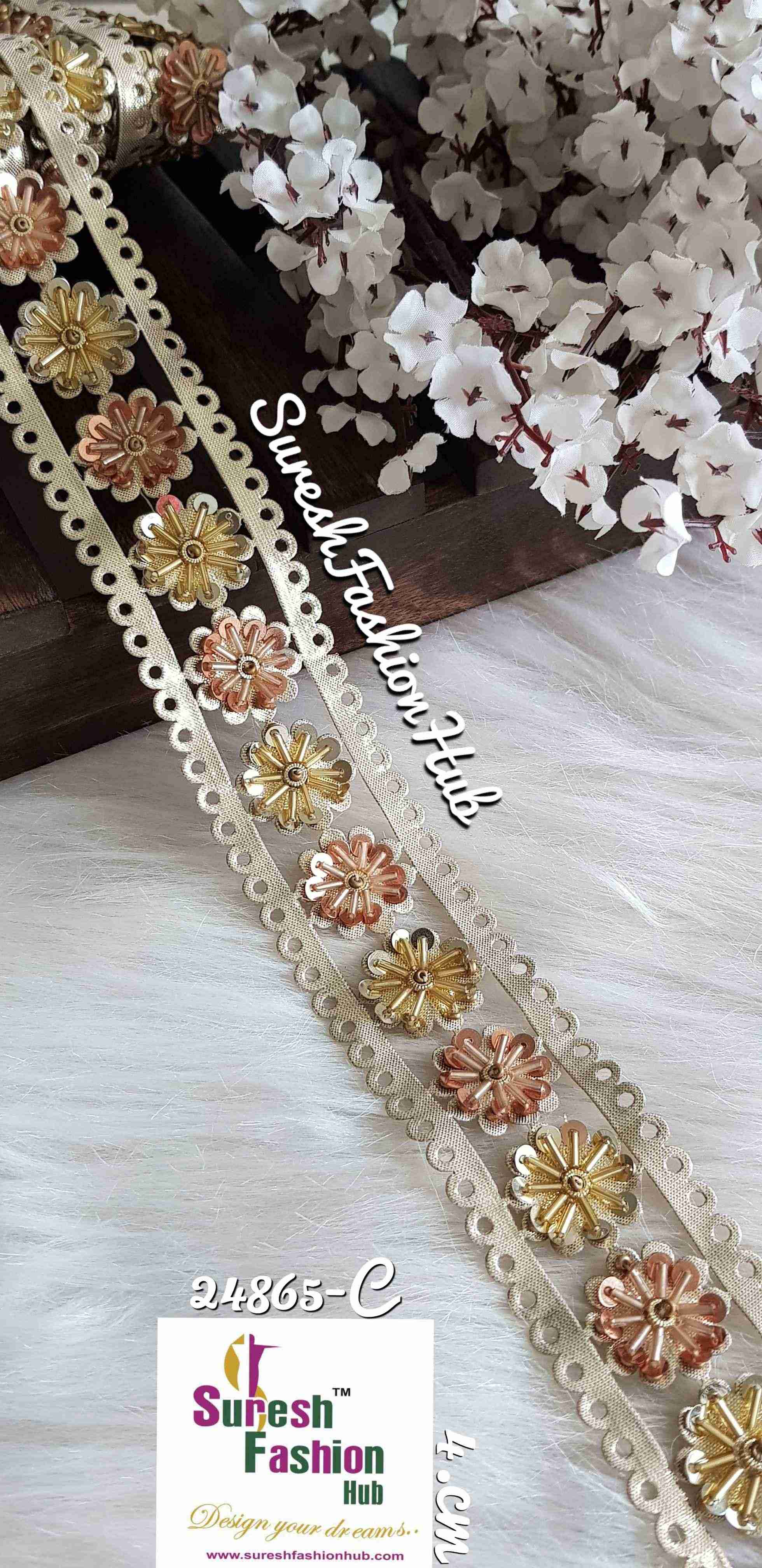 Light Gold Or Rose Gold with Cutdana Flowers Designer Trim