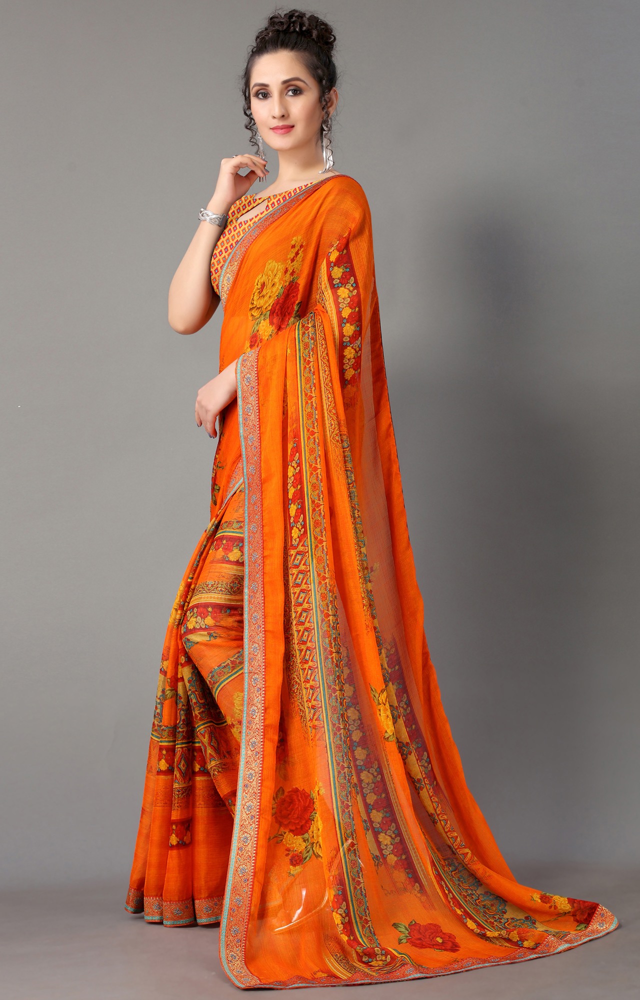 Women Orange Chiffon Printed Saree-S_L21SHUBHLABH31002SSR01