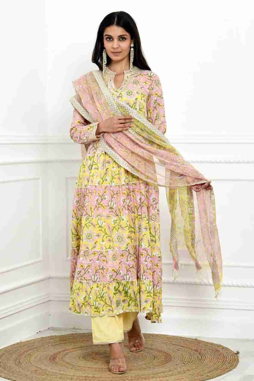 Naksh Pink And Yellow Kurta, Pants & Double Shaded Dupatta (Set of 3)