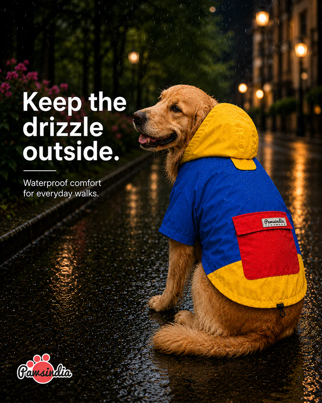Pawsindia Dog Hooded 360° Raincoat, Navy Blue & Yellow