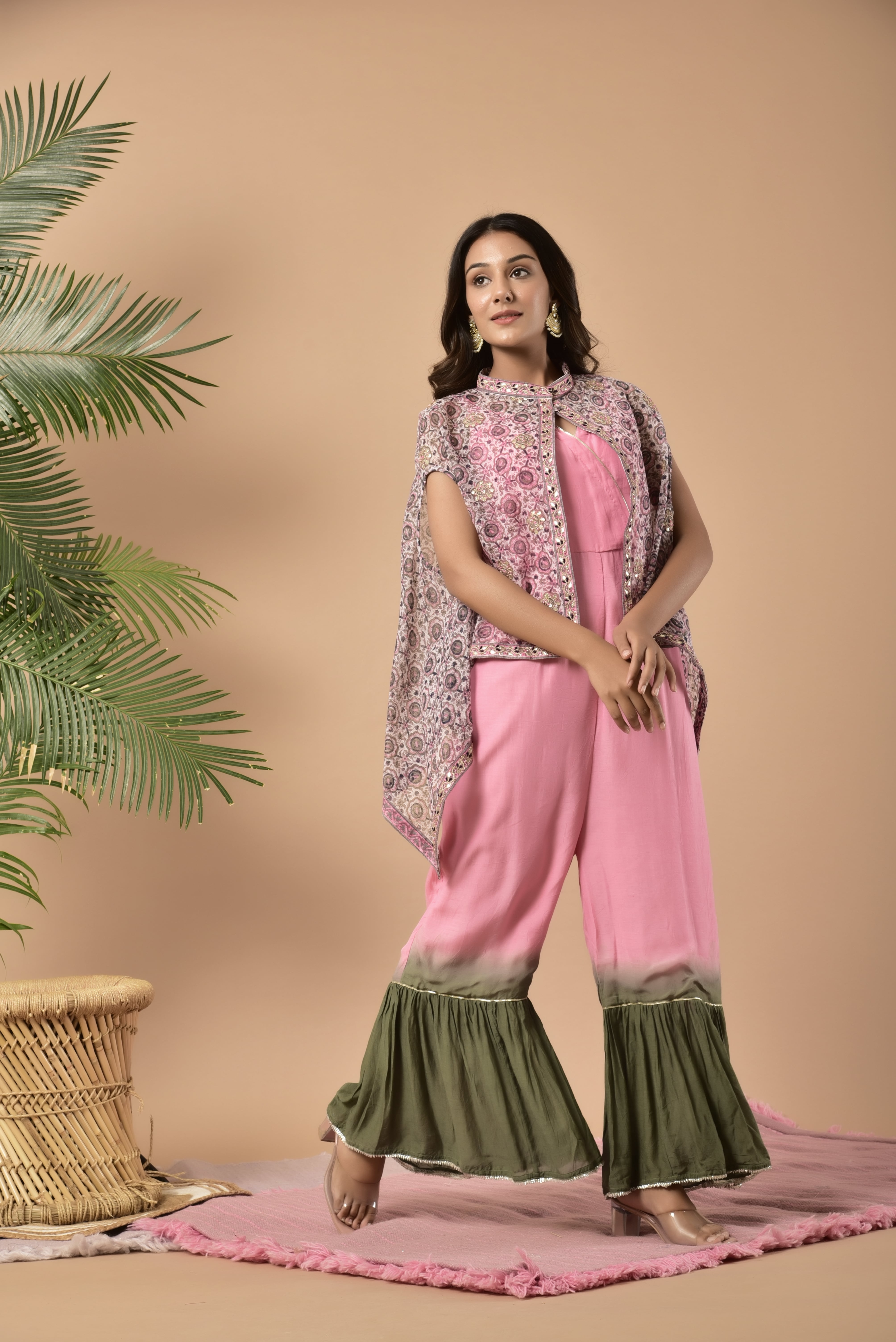KAARAH BY KAAVYA | Pink circle a- symmetrical kota doria jacket with muslin jumpsuit highlighted border undefined