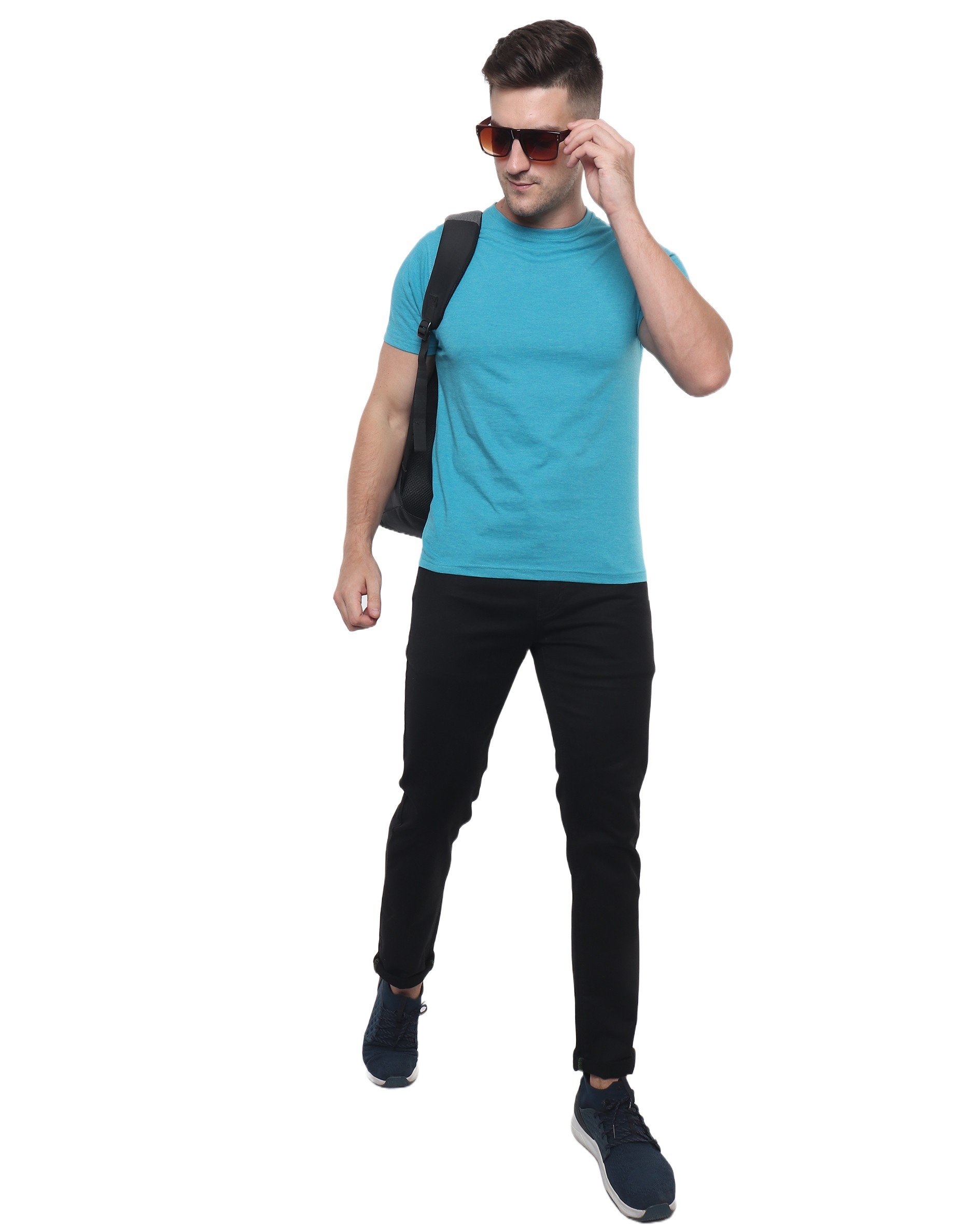 Blue Green Melange Round Neck T Shirt