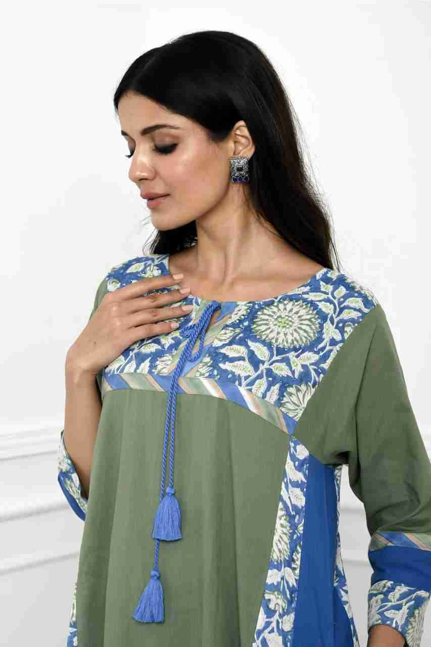 Naksh Green And Blue Solid Kalidar Kurta With Pants (Set of 2)