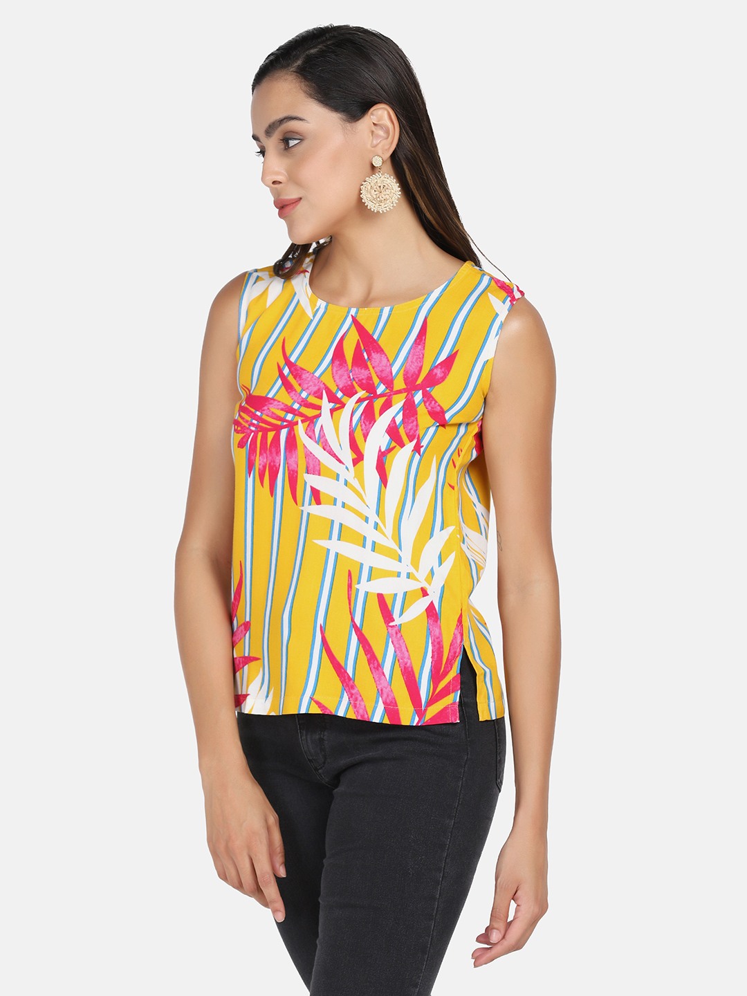 Rayon Sleeveless Yellow Leaf Printed Top