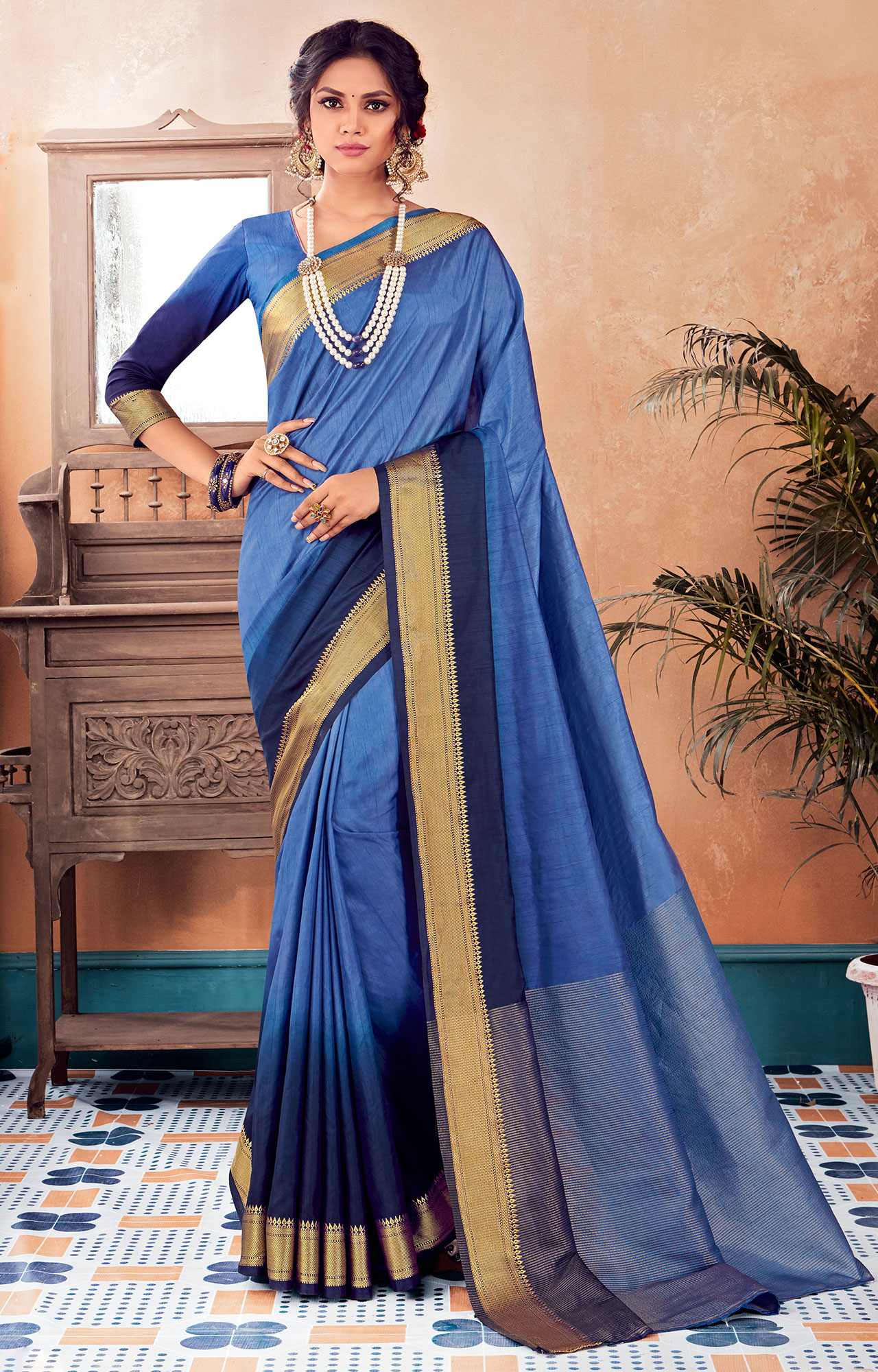 Navy blue silk saree with golden border online