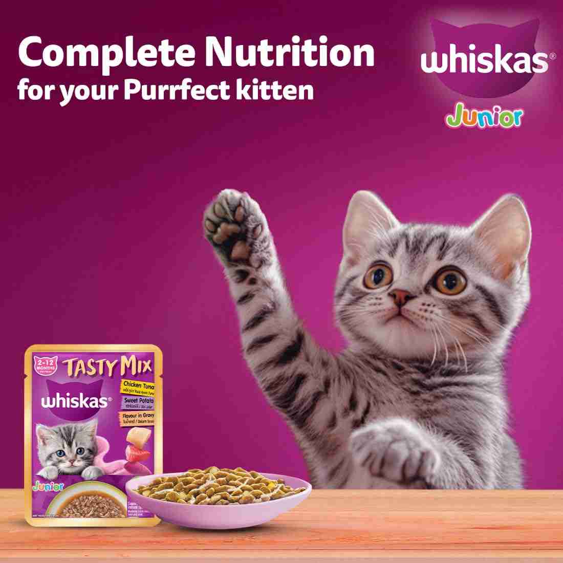 Whiskas Tasty Mix Junior Pouch Chicken Tuna Sweet Potato Flavor in Gravy for Cats 70g