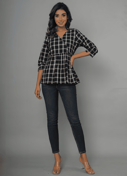 WOMEN BLACK CHECK PEPLUM TOP