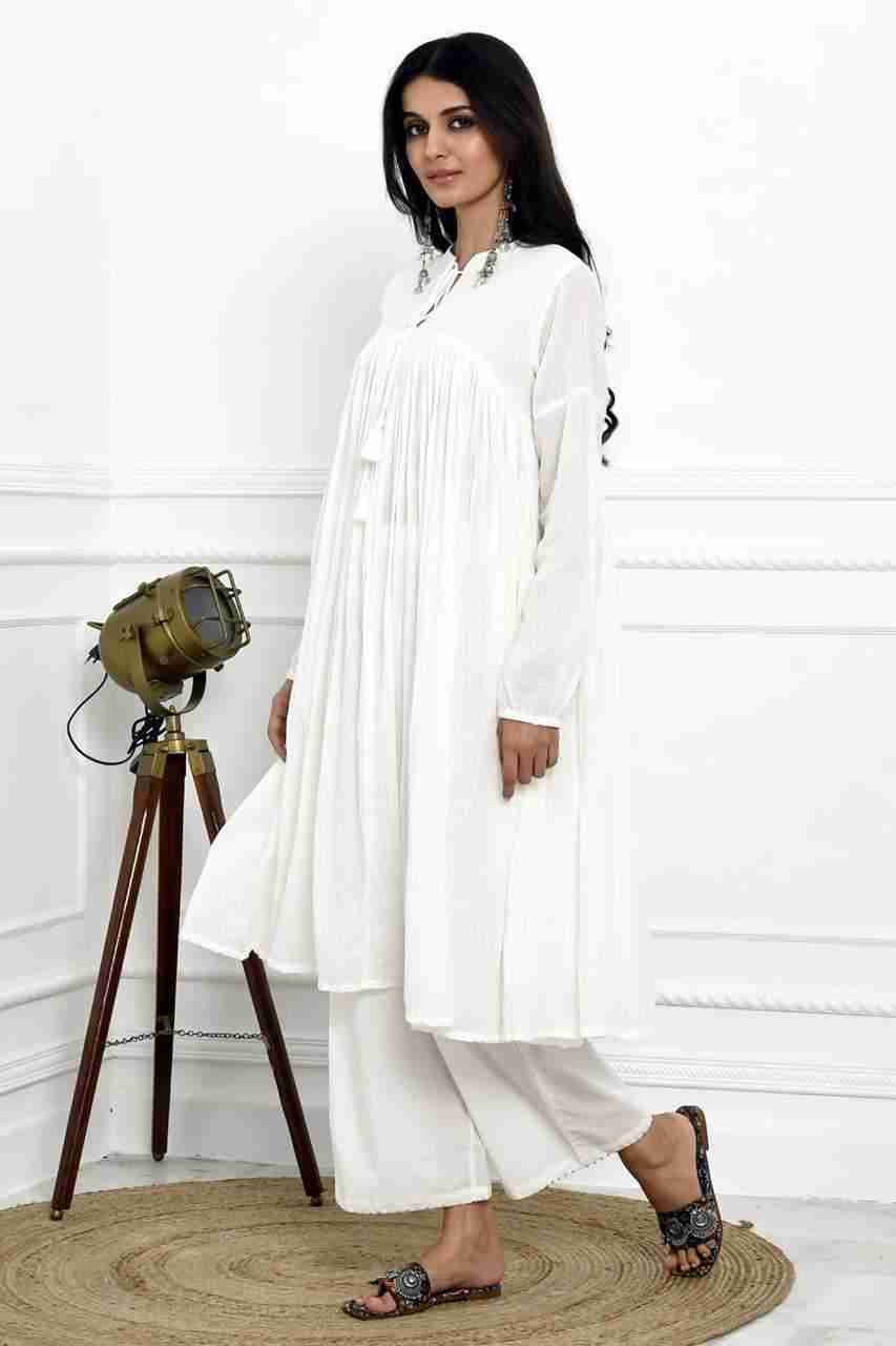 Naksh Plain White Pure Cotton Kota Long Gathered Kurta And Pants (Set of 2)