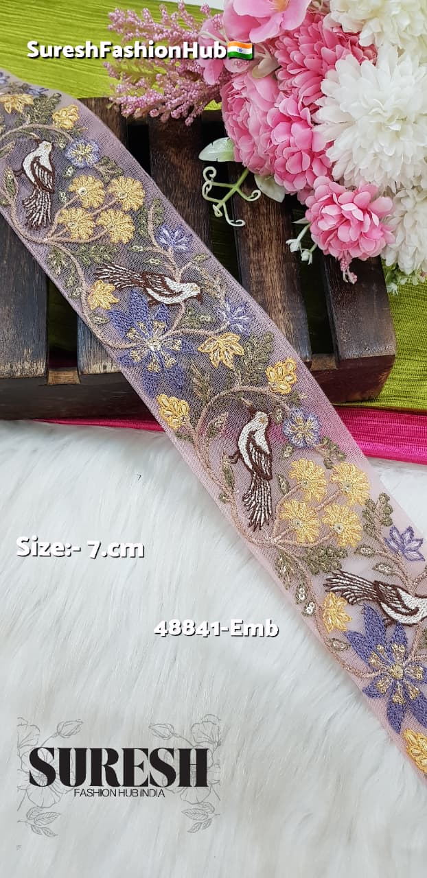 Pink Twin Bird Floral Embroidery Lace – 48841-Emb