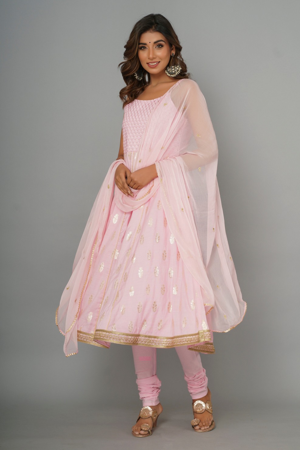 Pink Chanderi Anarkali Kurta Pant With Dupatta