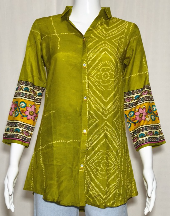 Prom Girl Women's Olive Green Cotton Straight-Cut Printed Tunic