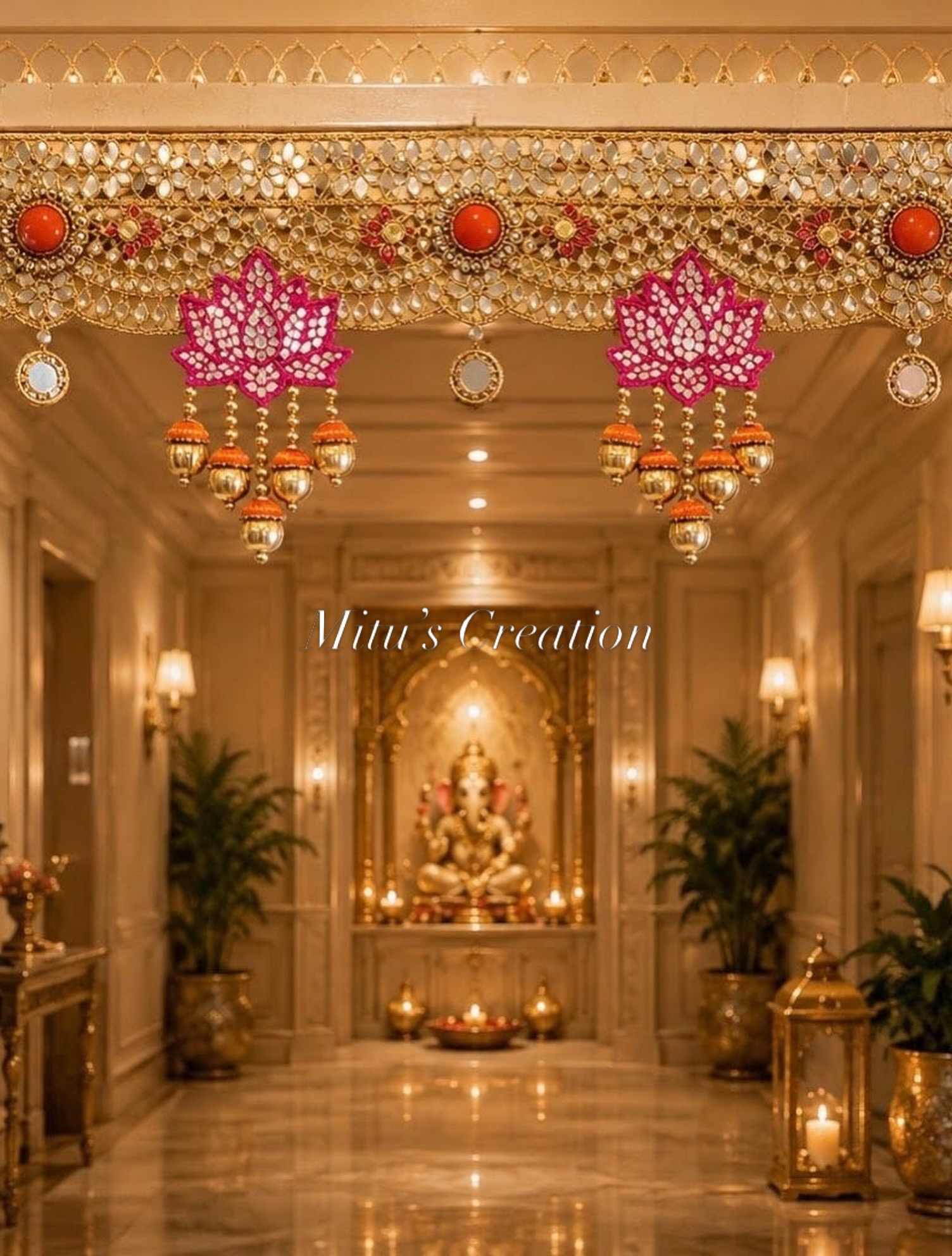 Lotus Mirror Bandarwal With Side Hanging |Bandarwal Set With Mirror Work