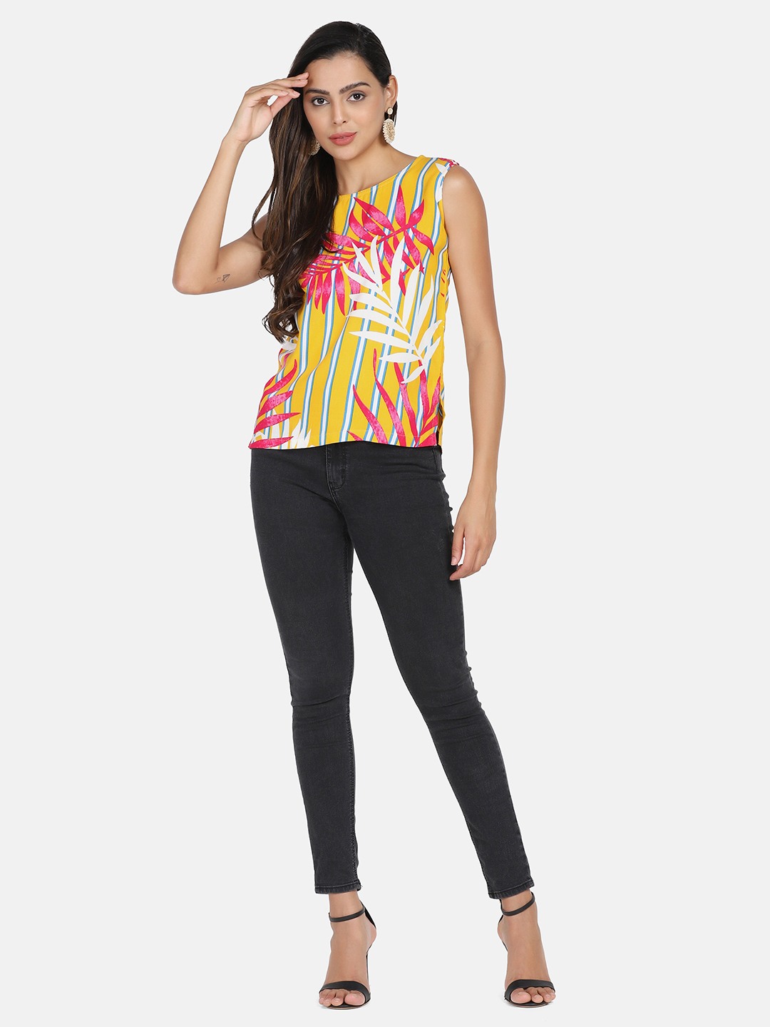 Rayon Sleeveless Yellow Leaf Printed Top