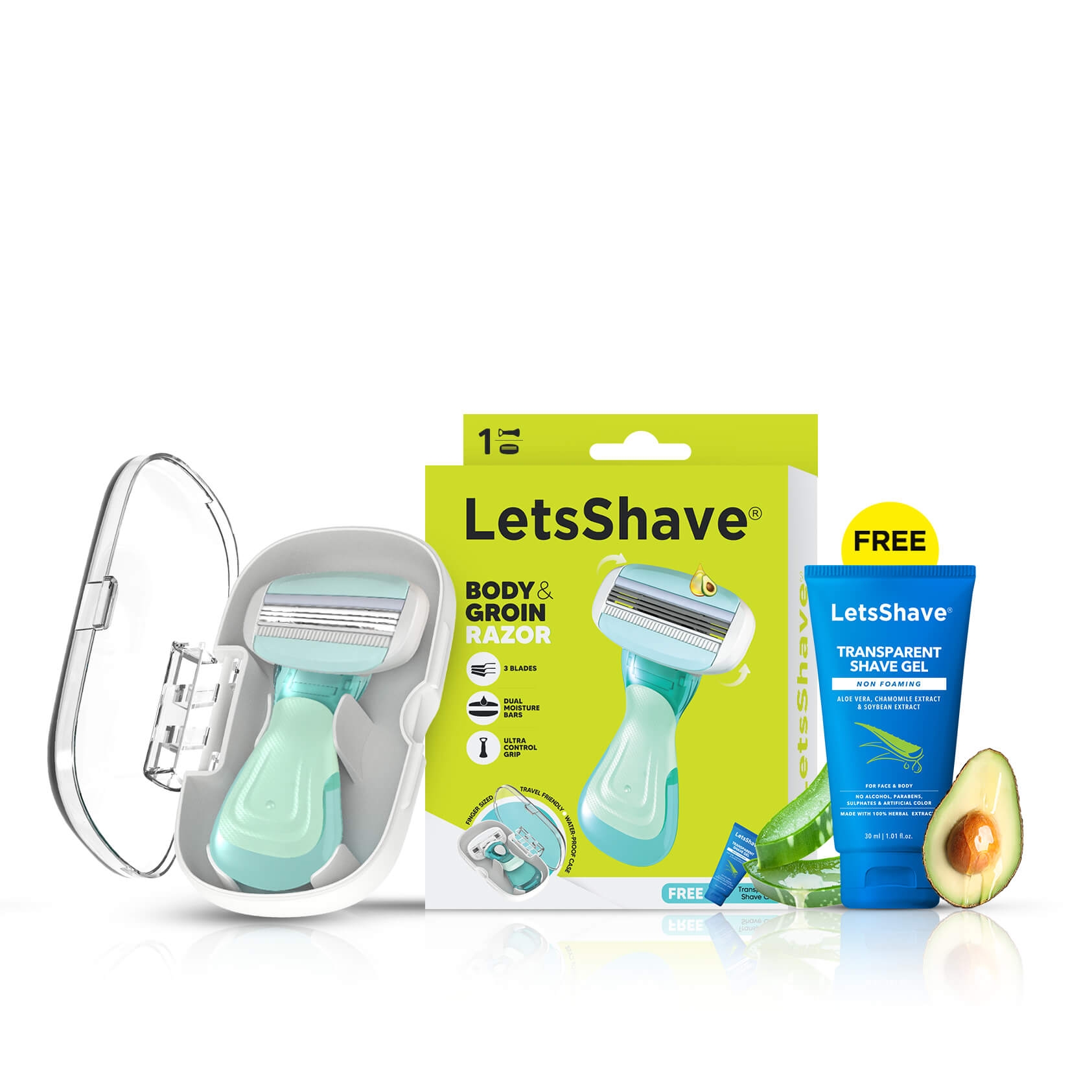 LetsShave | LetsShave Body and Groin Razor for Men with free Transparent Shave Gel | 3 Blade painless Groin and Body Hair Remover with Dual Moisture Bars | Compact Razor with Clamshell Travel Case 0