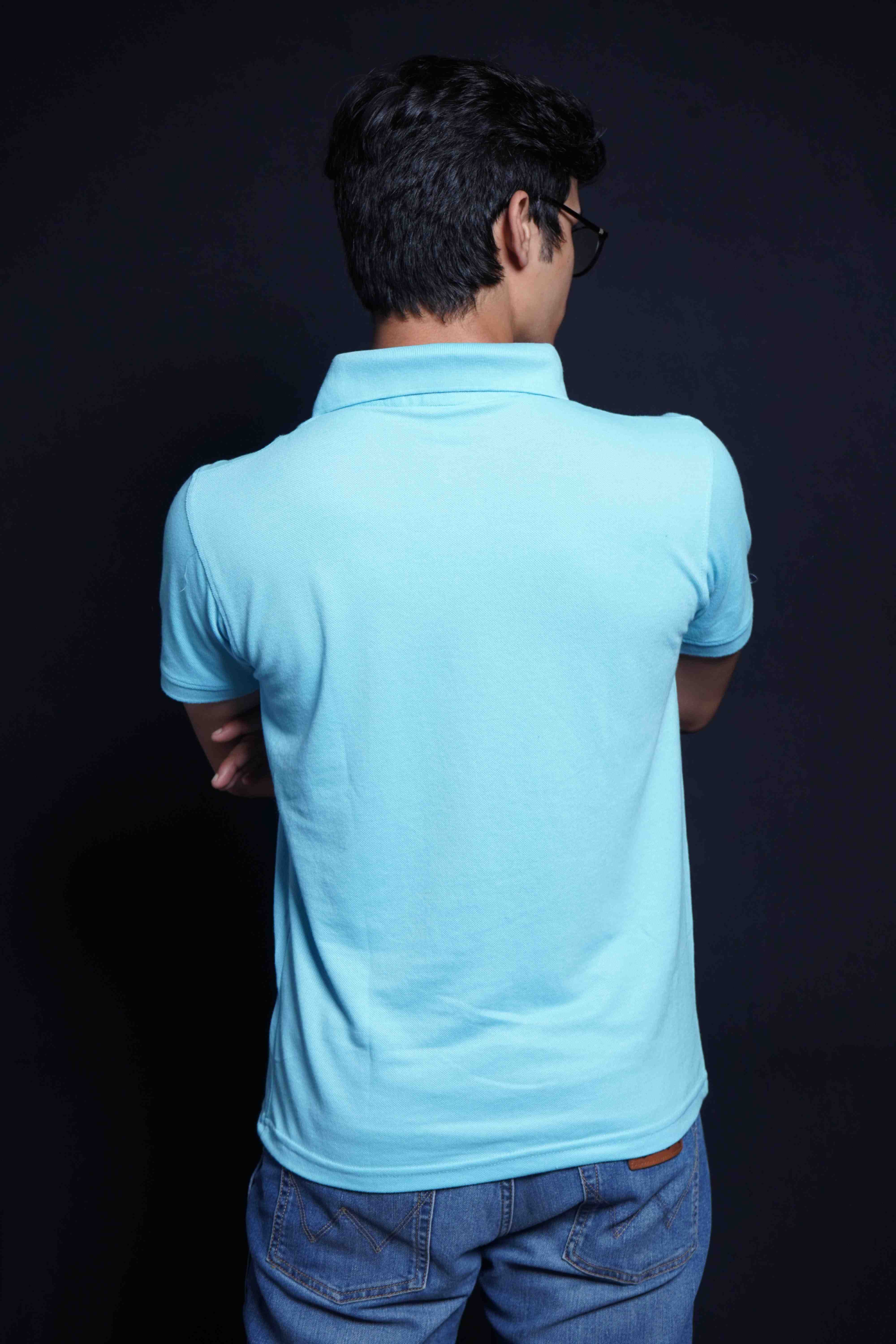 One Denim Evergreen Light Blue Plain Polo Neck Cotton T-Shirt