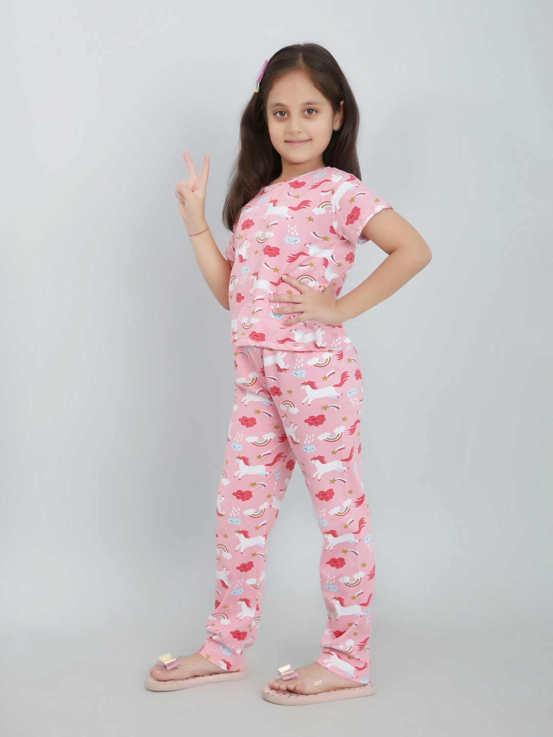 Ninos Dreams Girls Cotton Half Sleeves Coord set Unicorn Printed with Lower - Pink