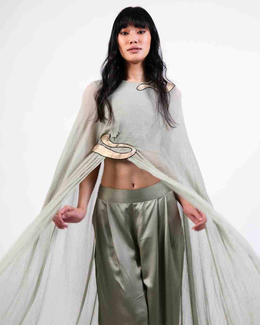 AKOK Green Silk Dupatta Cape with Trouser Co-ords