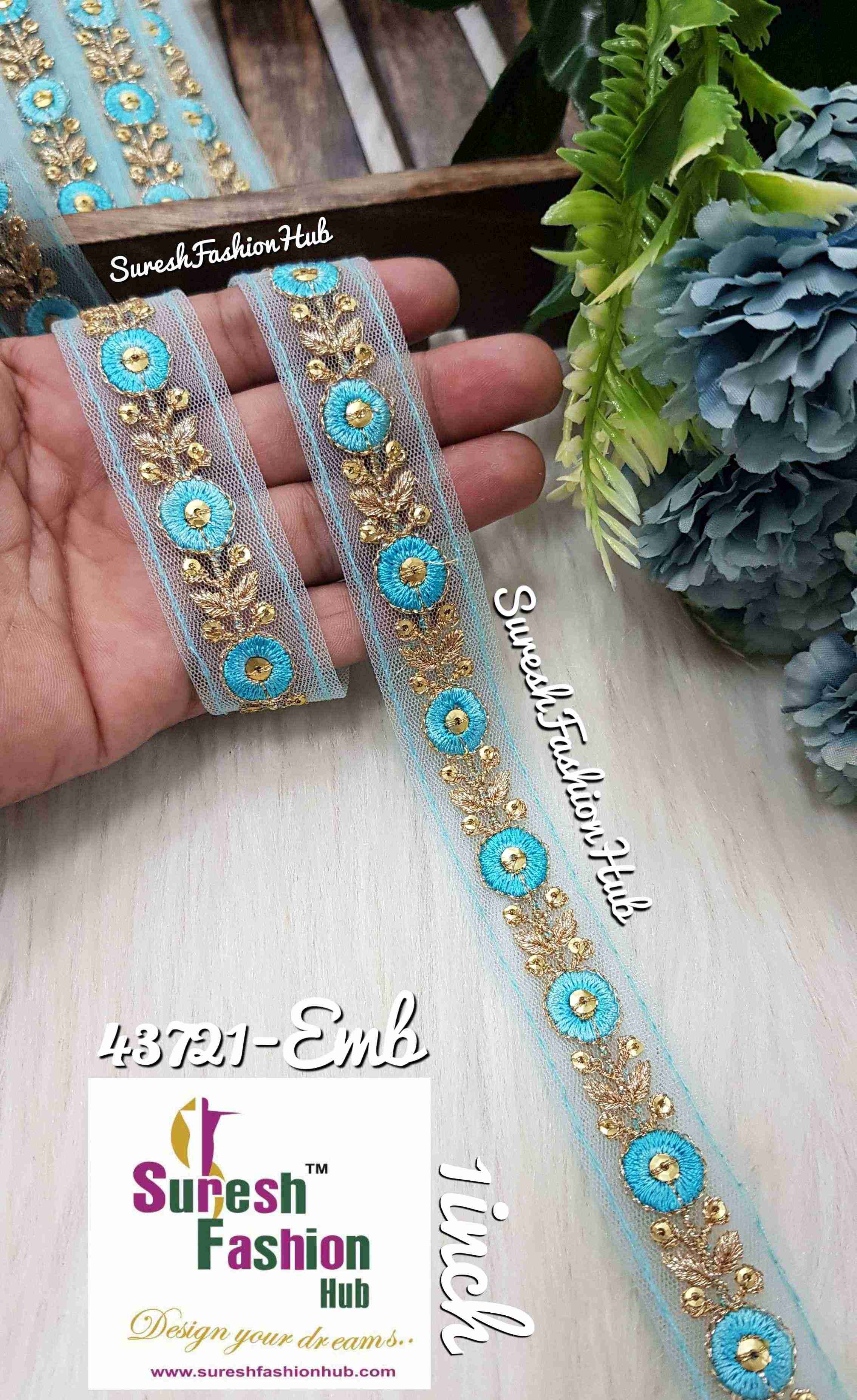 Firozi Threaded  Petals with Zari Embroidered Trim
