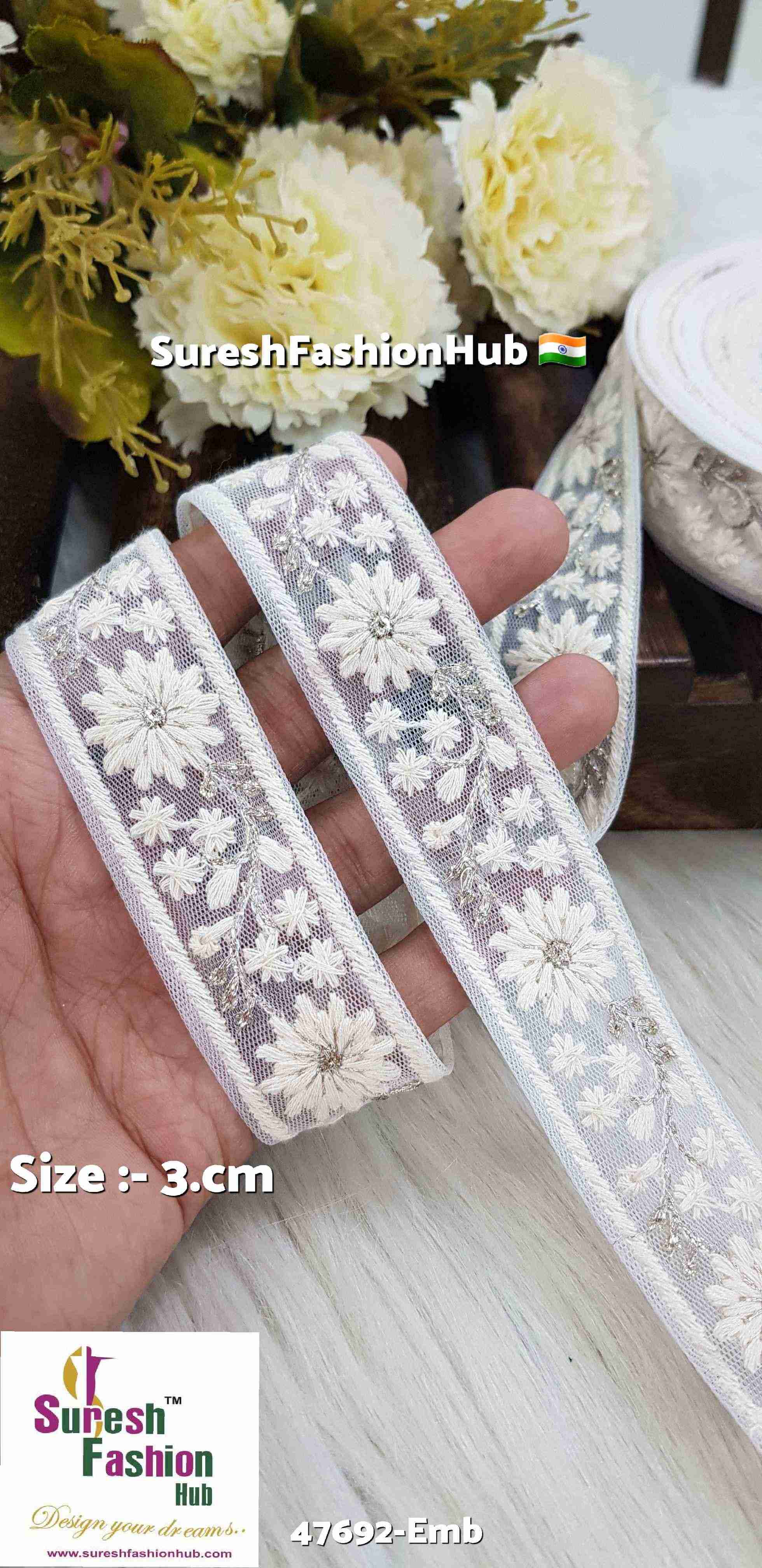 Floral Lakhnavi Net Lace with Off-White Threads