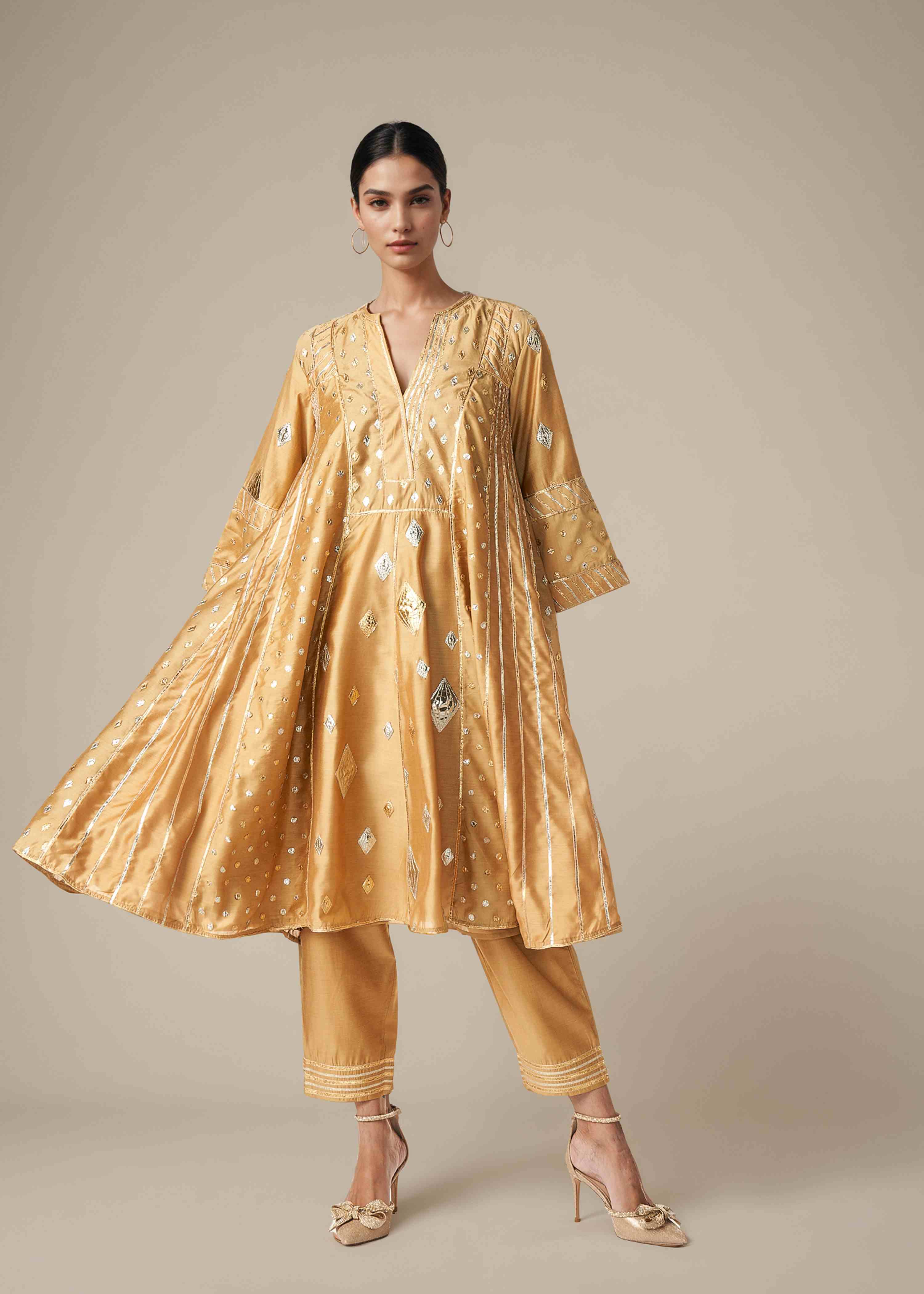 Beige Kali Kurta Set