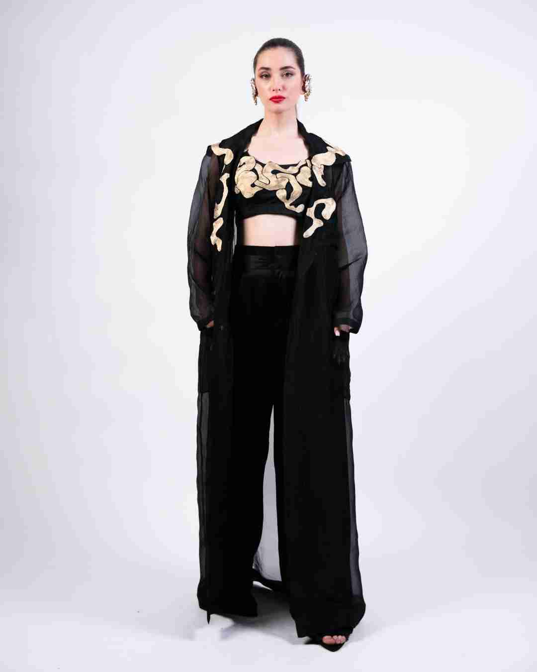 AKOK Black Silk Crop top with trouser and Long Coat Co-ords