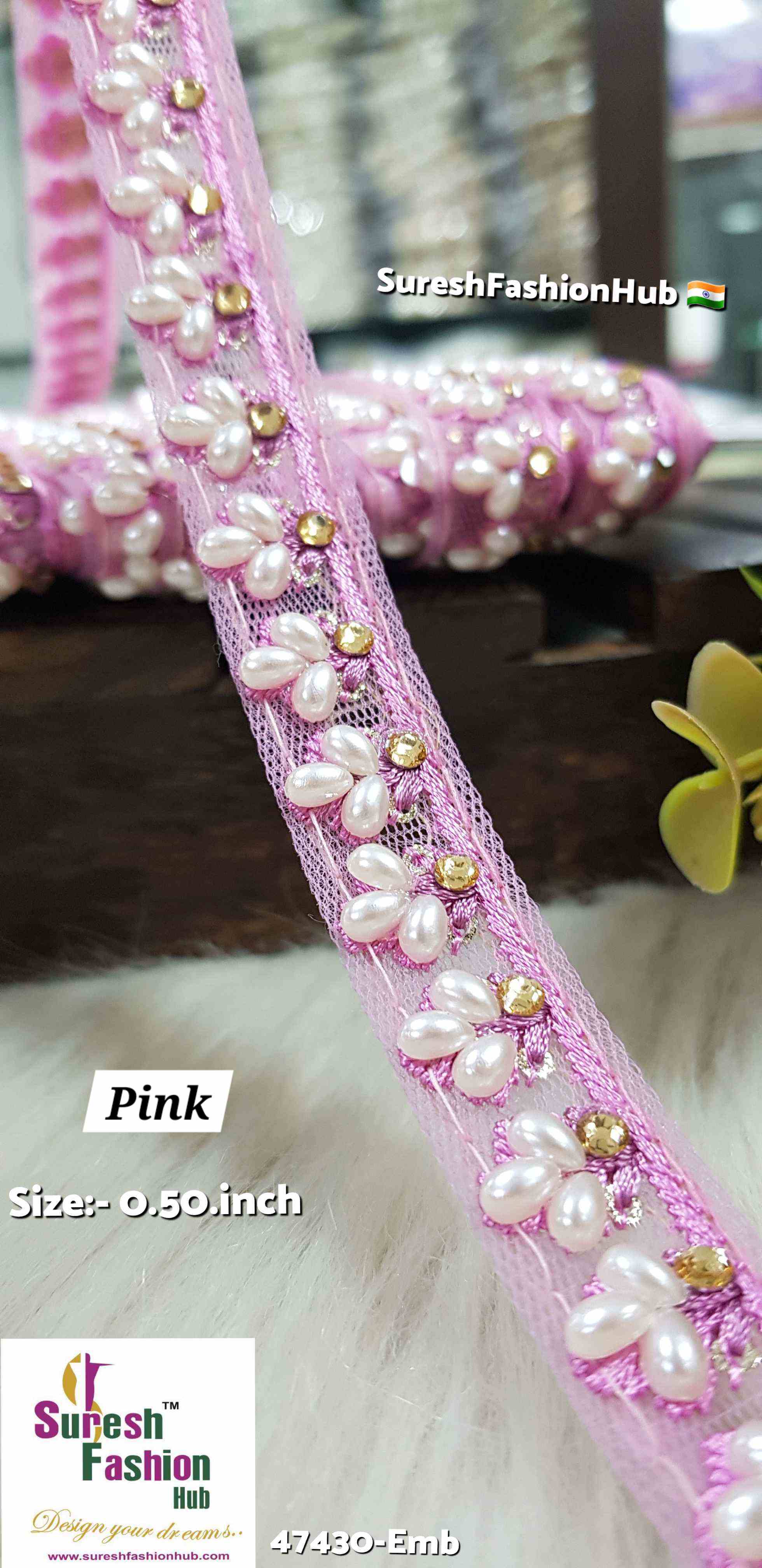 LuxeGlimmer Embroidered Trim Pink Color