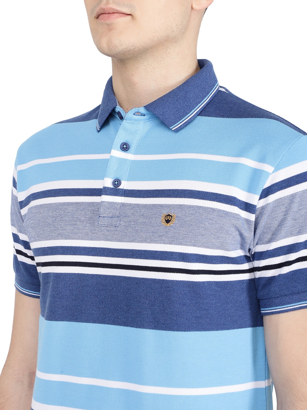 Cyan Blue Striped Slim Fit Polo T-Shirt | Jadeblue