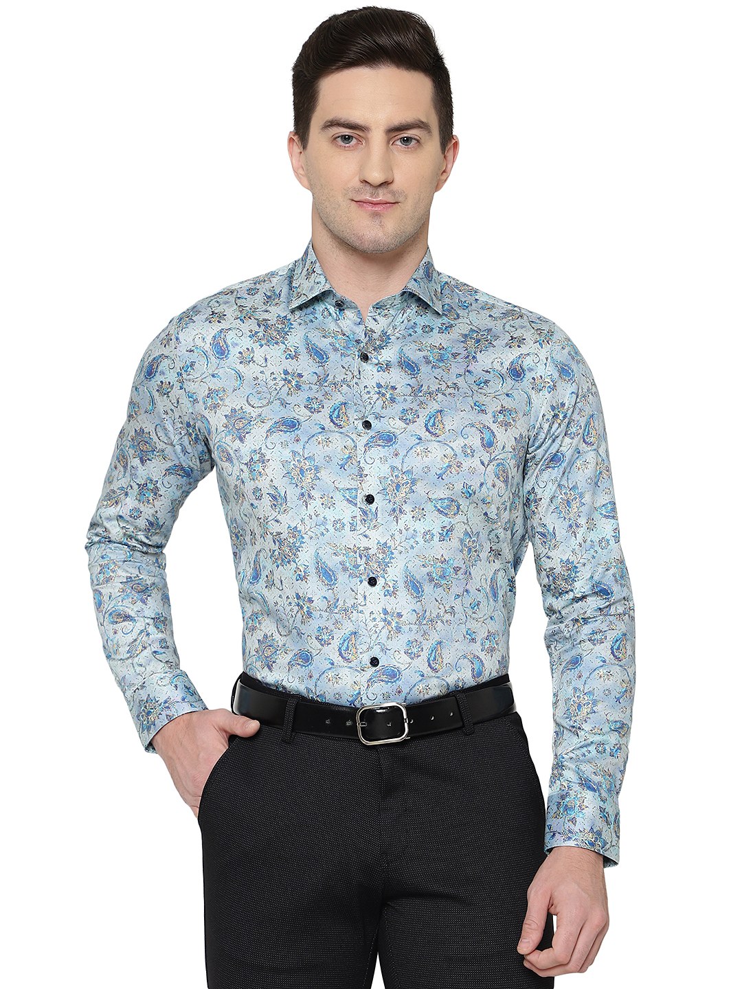 Sky Blue Printed Slim Fit Party Wear Shirt | JB Studio