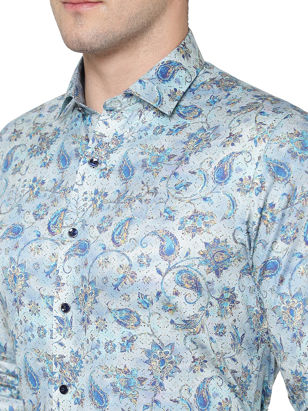 Sky Blue Printed Slim Fit Party Wear Shirt | JB Studio