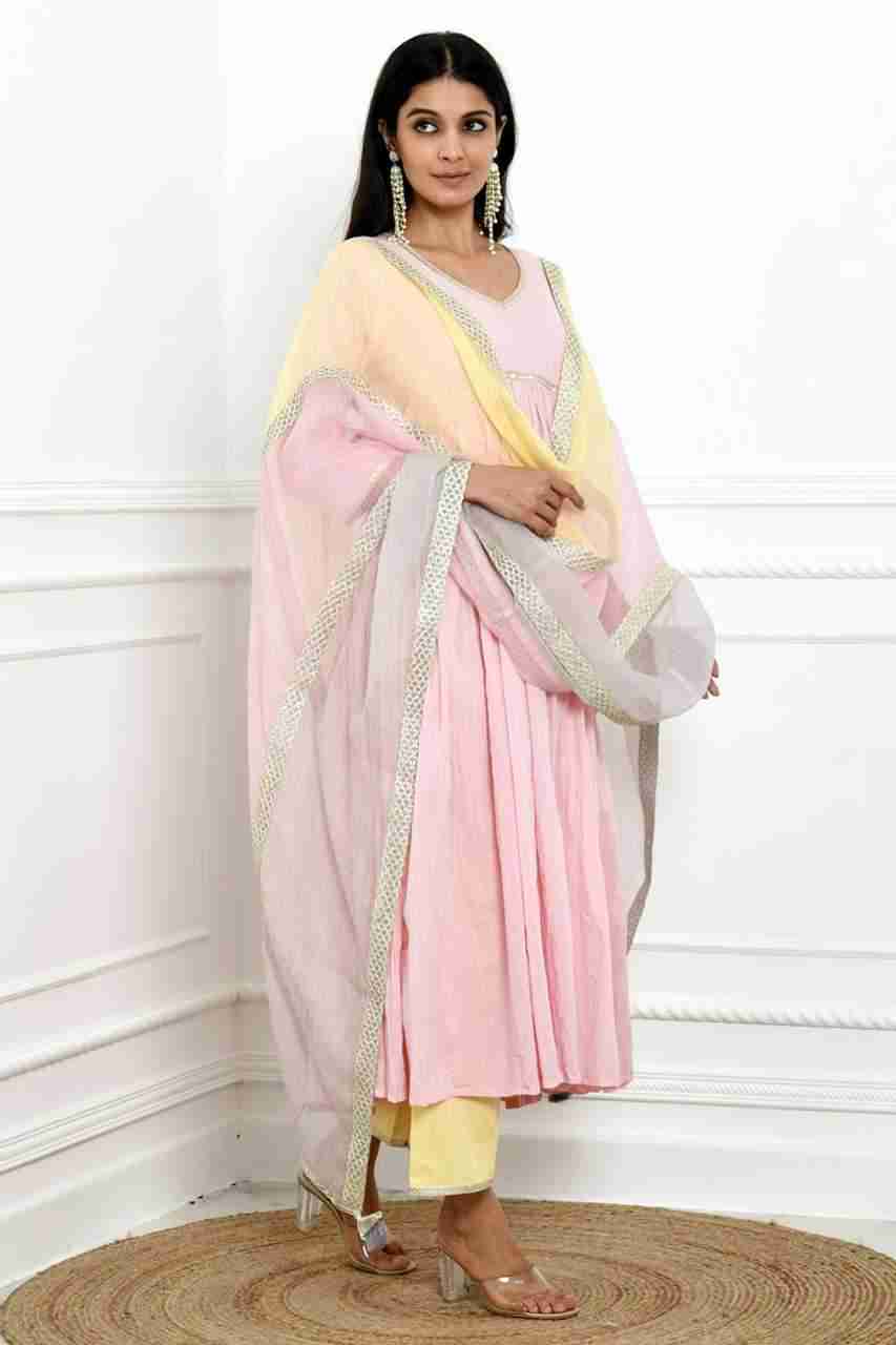 Naksh Pink Solid Voile Kurta, Pants & Tricolour Dupatta (Set of 3)