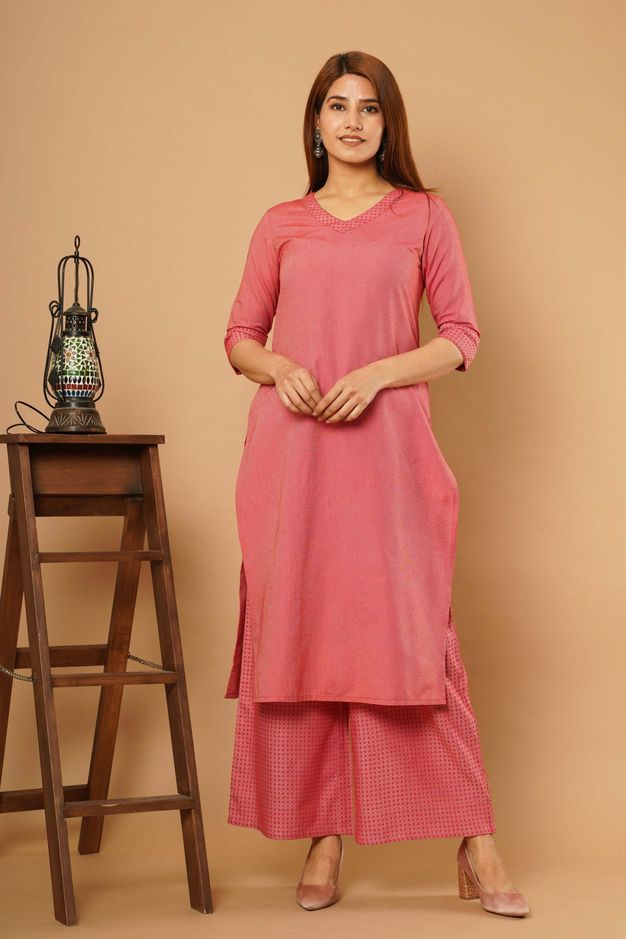 Women Coral Cotton Kurta with Palazzos
