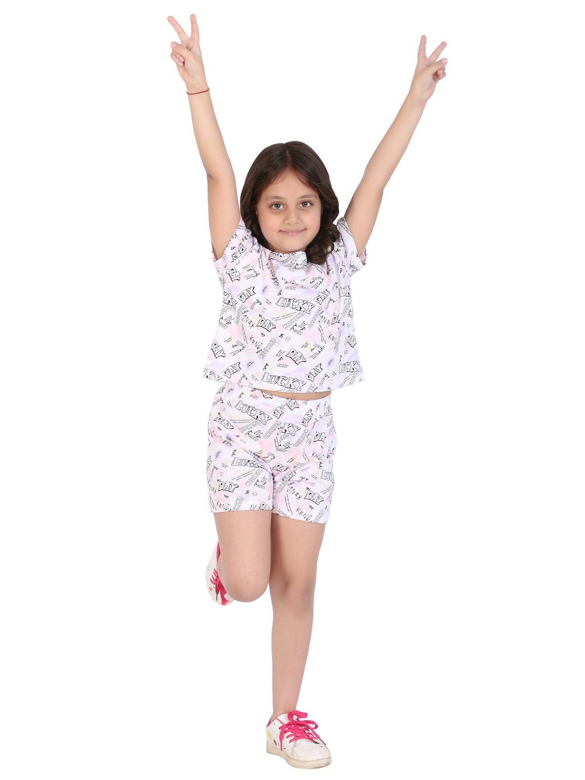 Ninos Dreams Girls Text Printed Cotton Half Sleeves Coord set with Shorts -Tie Dye