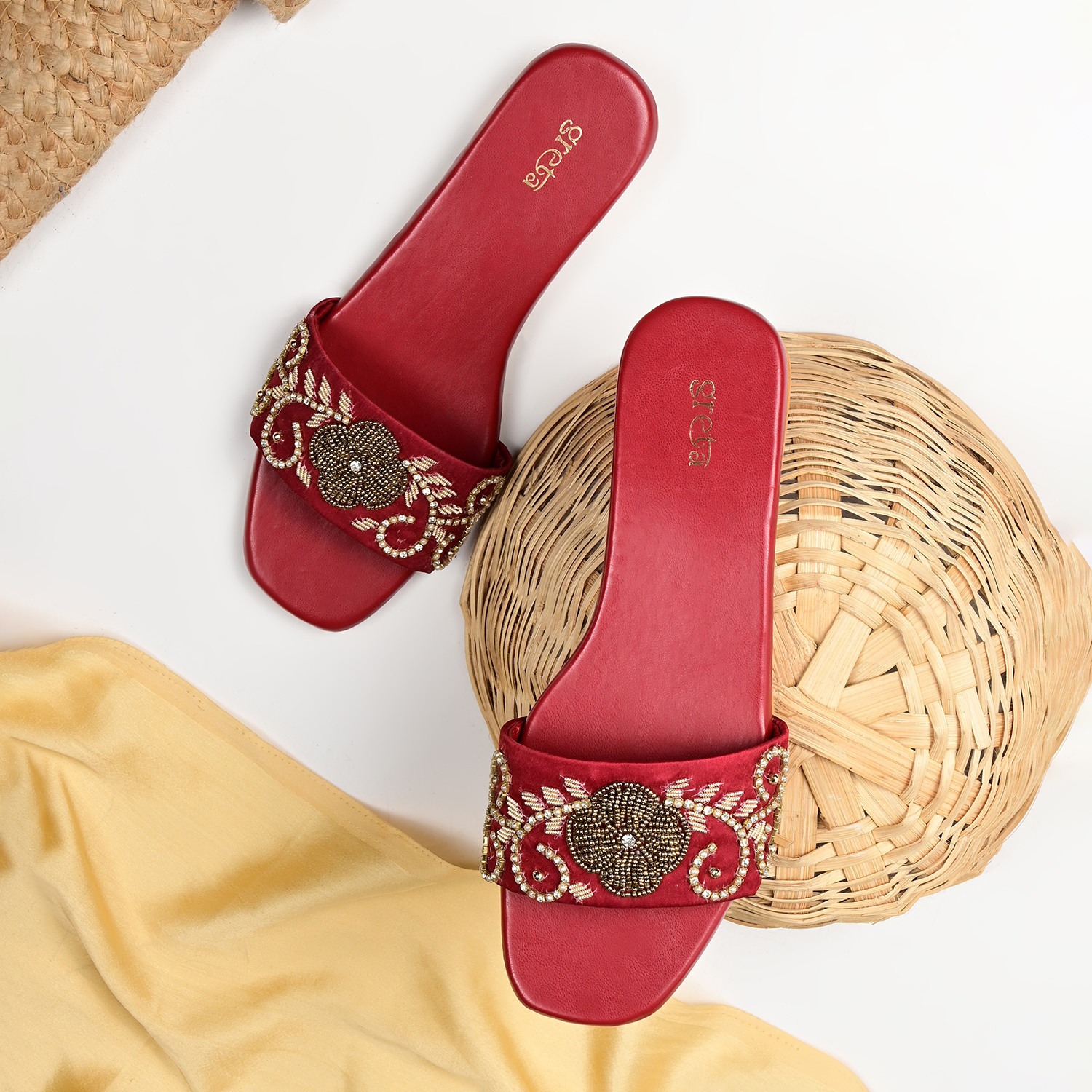 Women's Maroon Pearl Accent Embroidered Heel