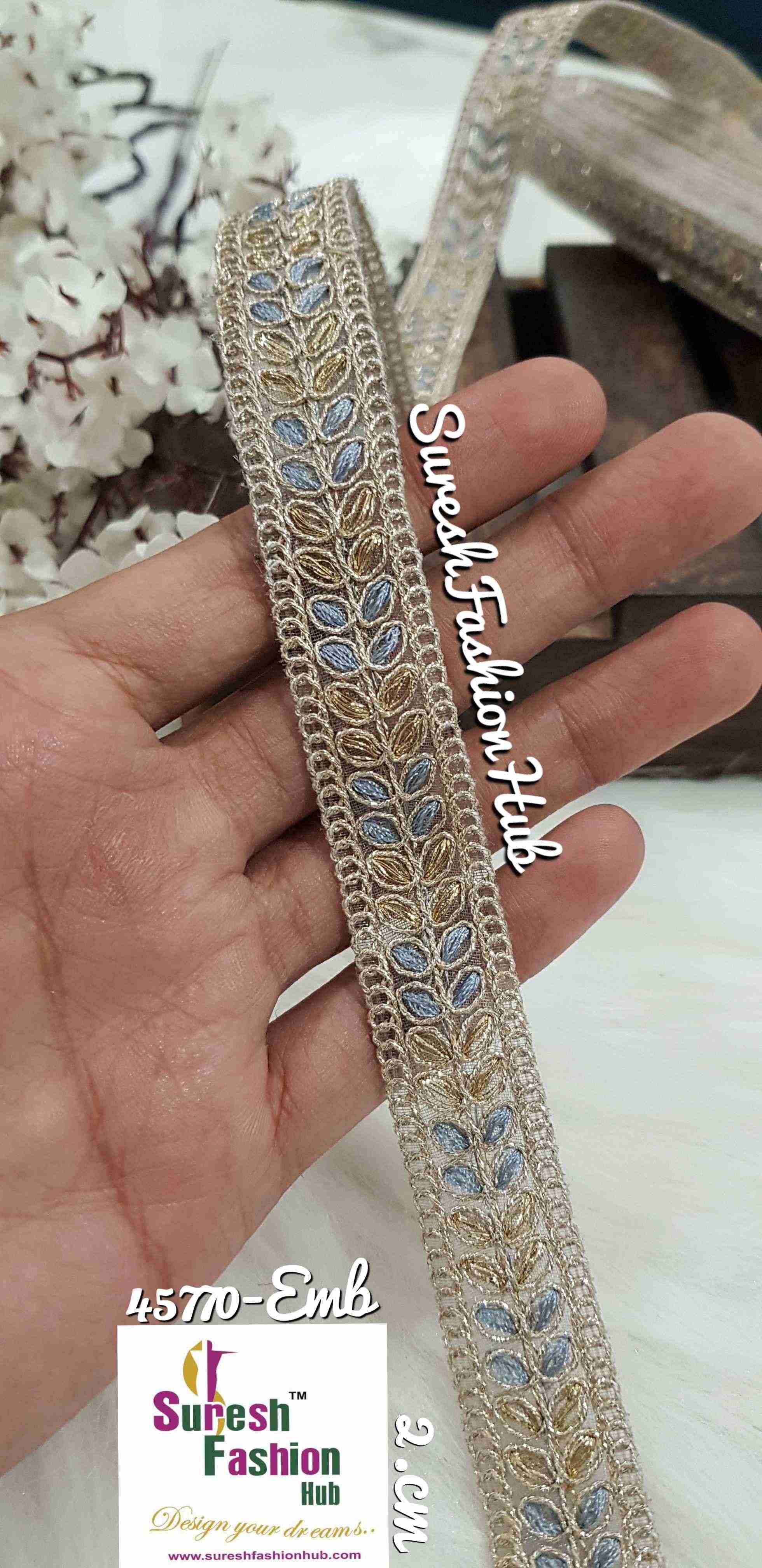 Blue ocean  Tinged with Grey our delicate embroidered trim