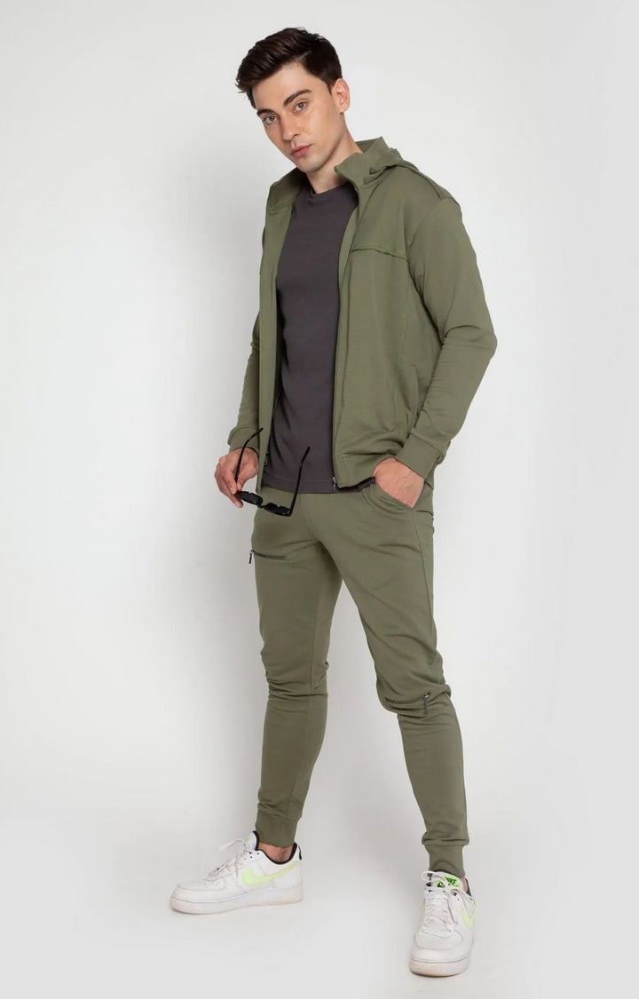 Olive Green Tapered Zip Joggers