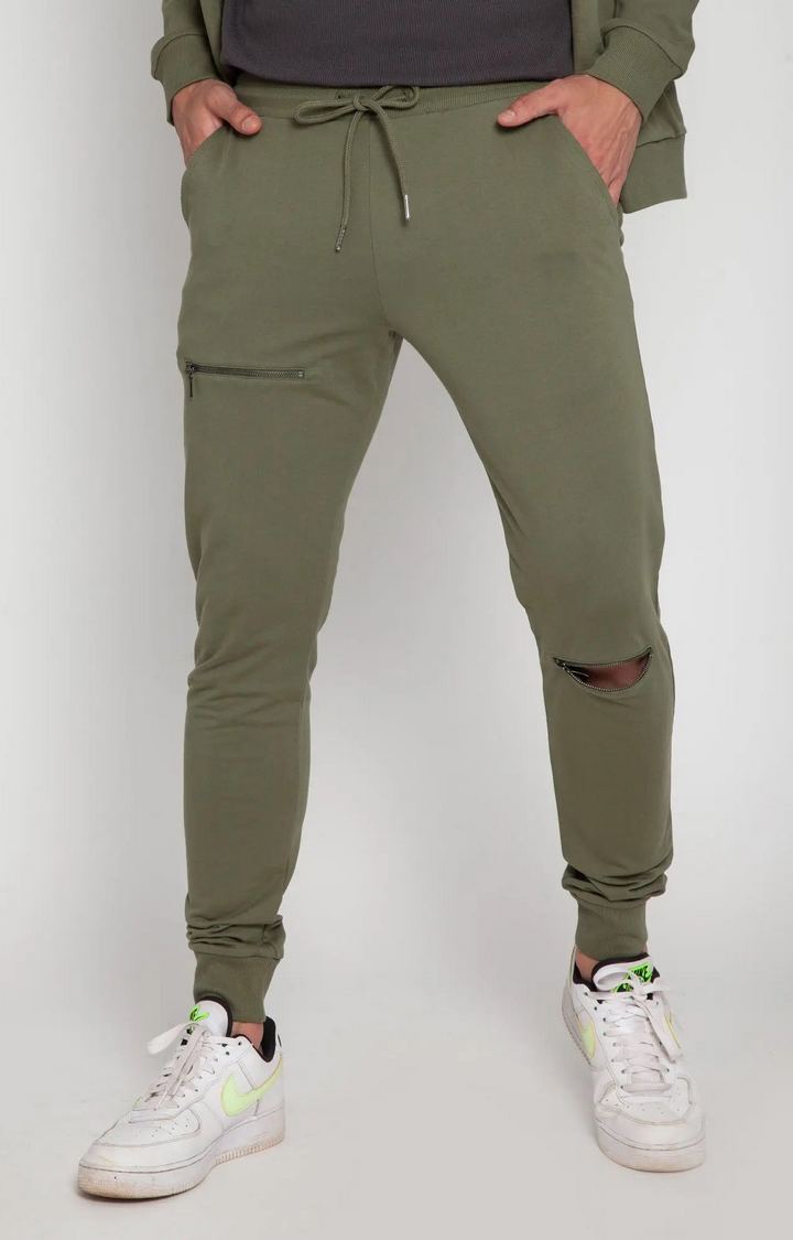 Olive Green Tapered Zip Joggers