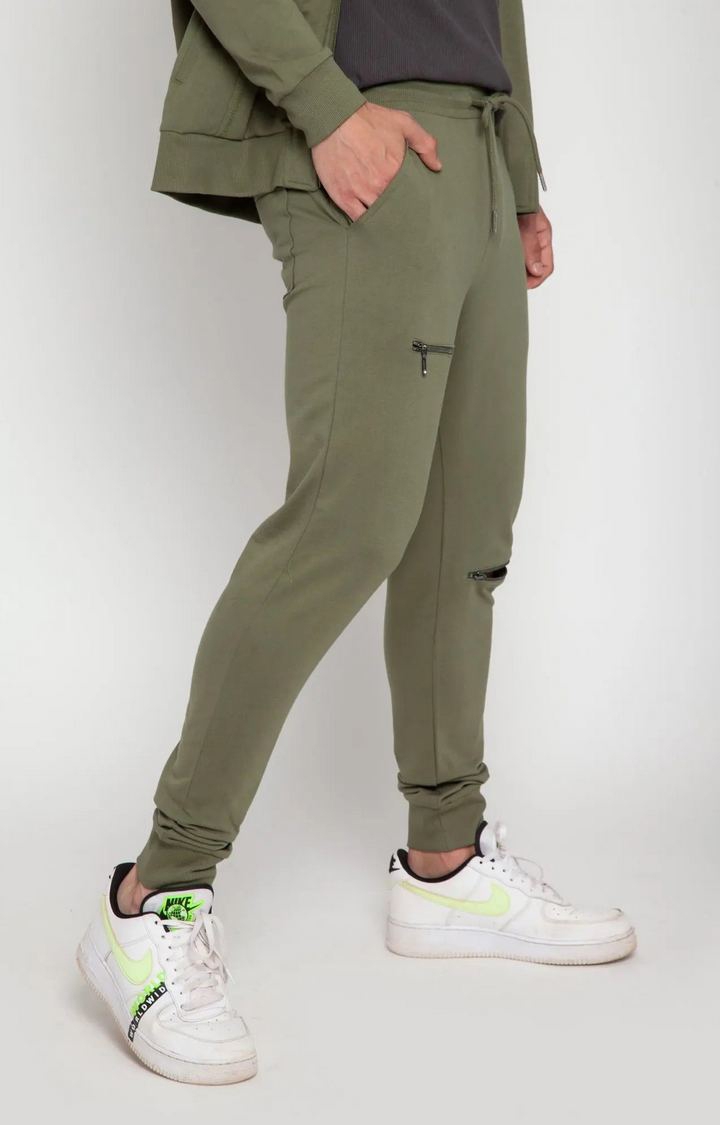 Olive Green Tapered Zip Joggers