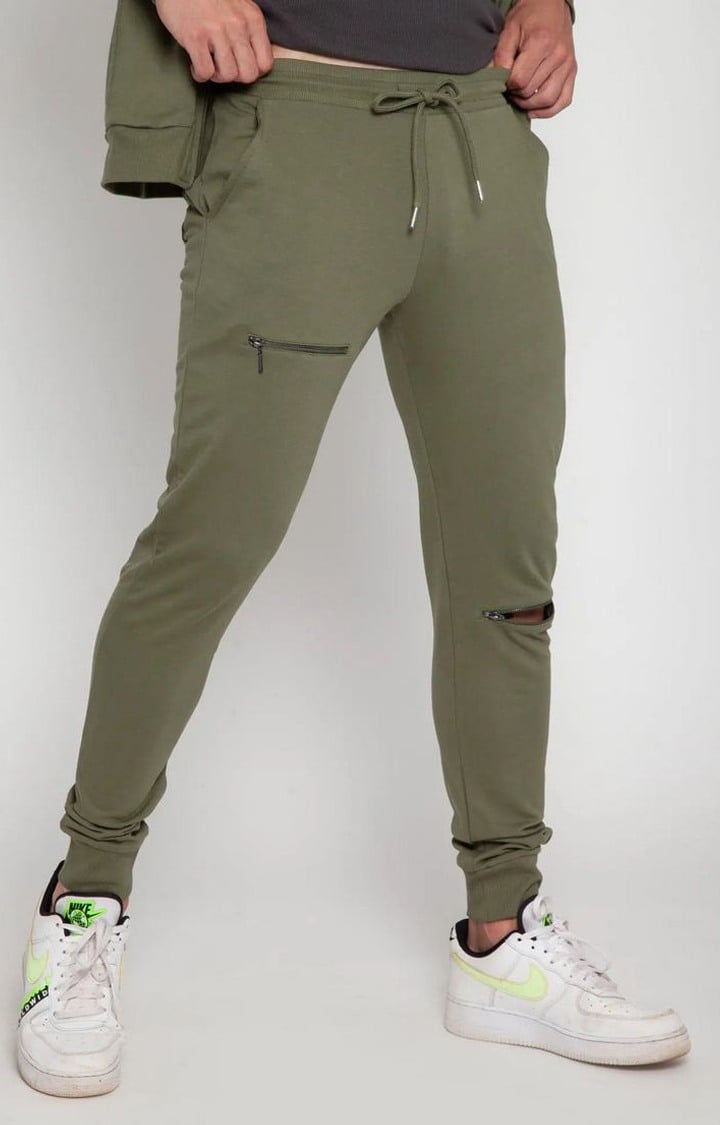 Olive Green Tapered Zip Joggers