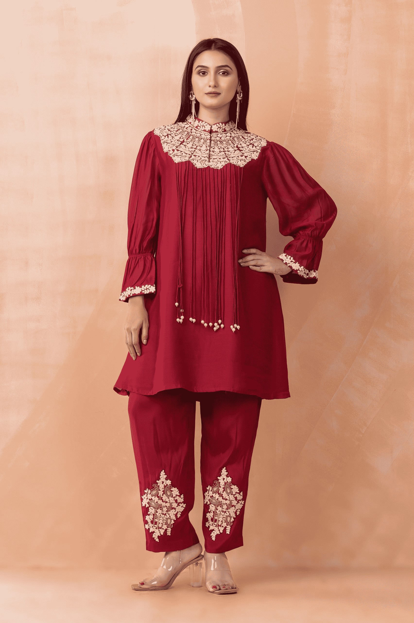Crape Embroidered Cord Set