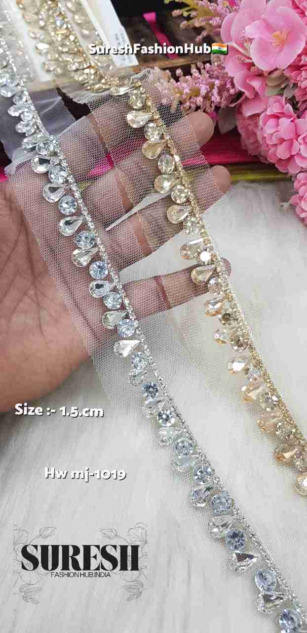 Silver Handmade Floral Rhinestone Border on Net – M.J-1019