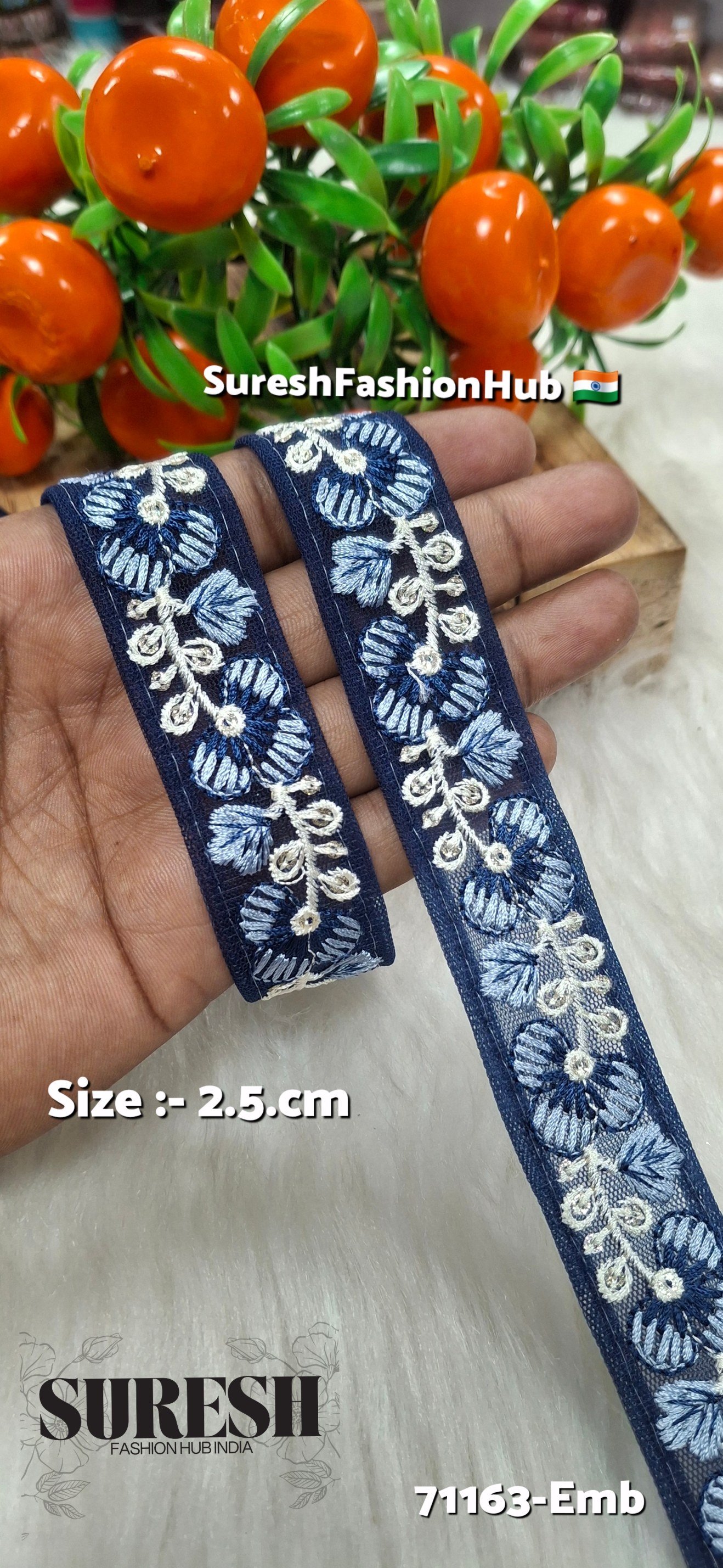 Floral Thread Embroidery Lace – Navy Blue | 71163-Emb